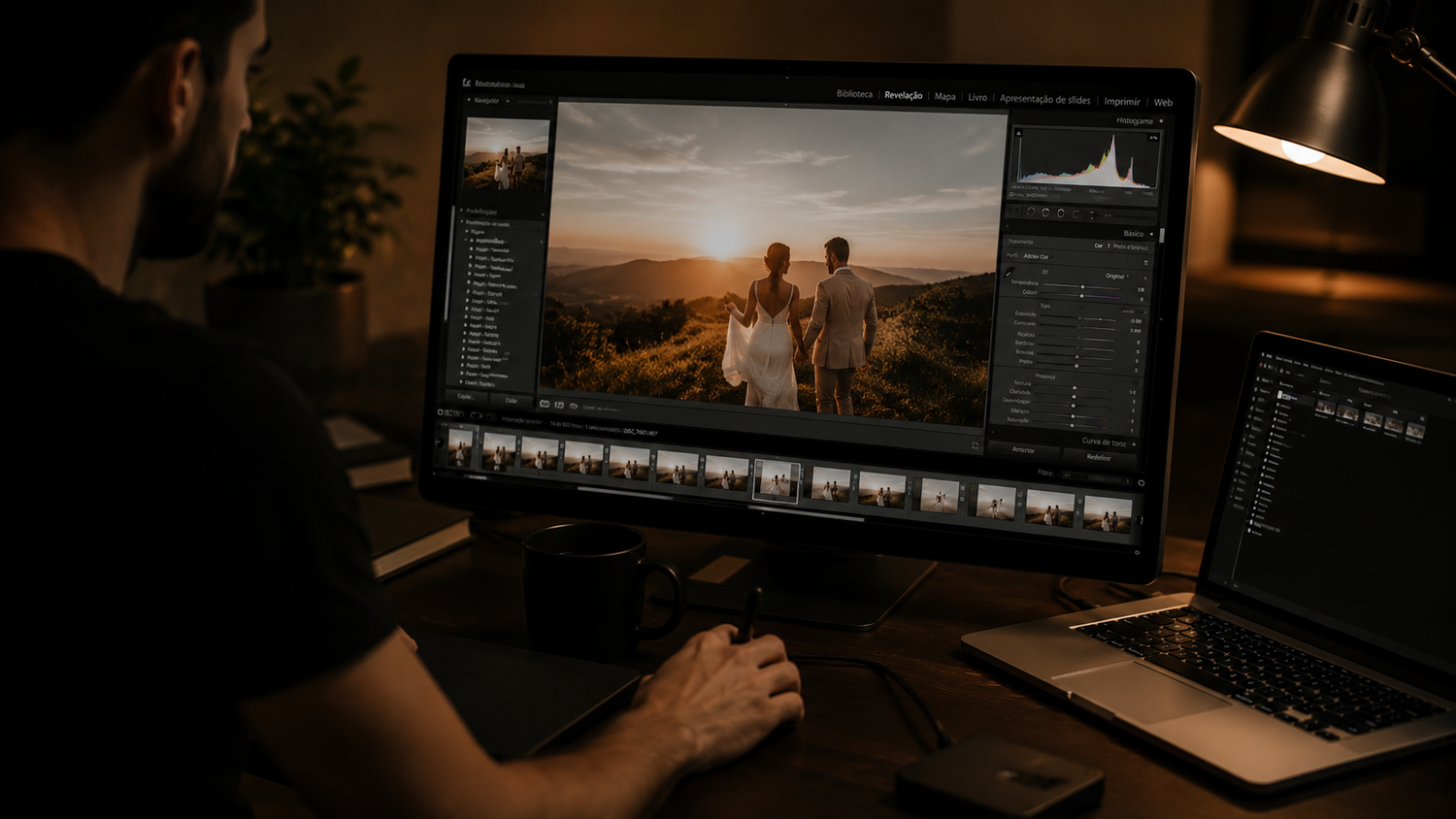 Photographer editing wedding photos in Adobe Lightroom on a large monitor in a dark home studio.