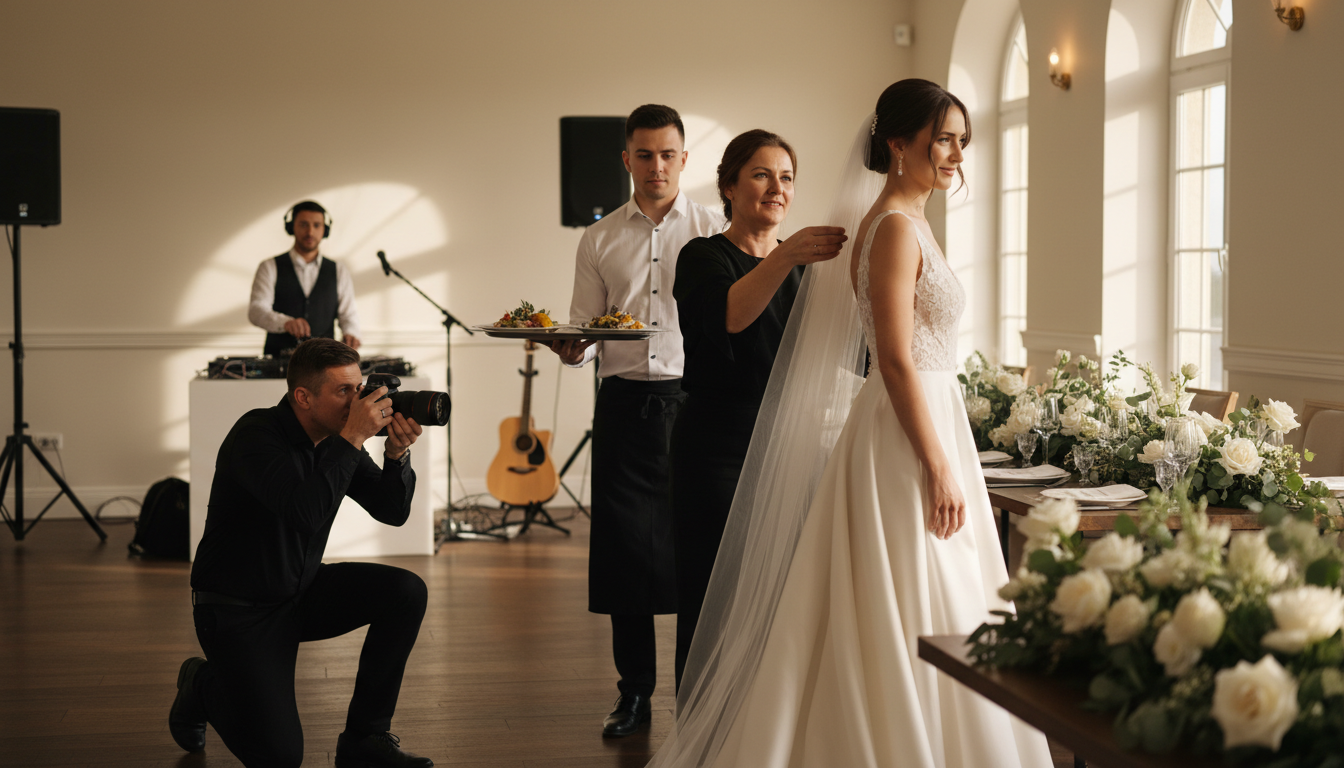 Bride in white gown being styled by wedding planner while photographer and musician prepare in elegant hall.