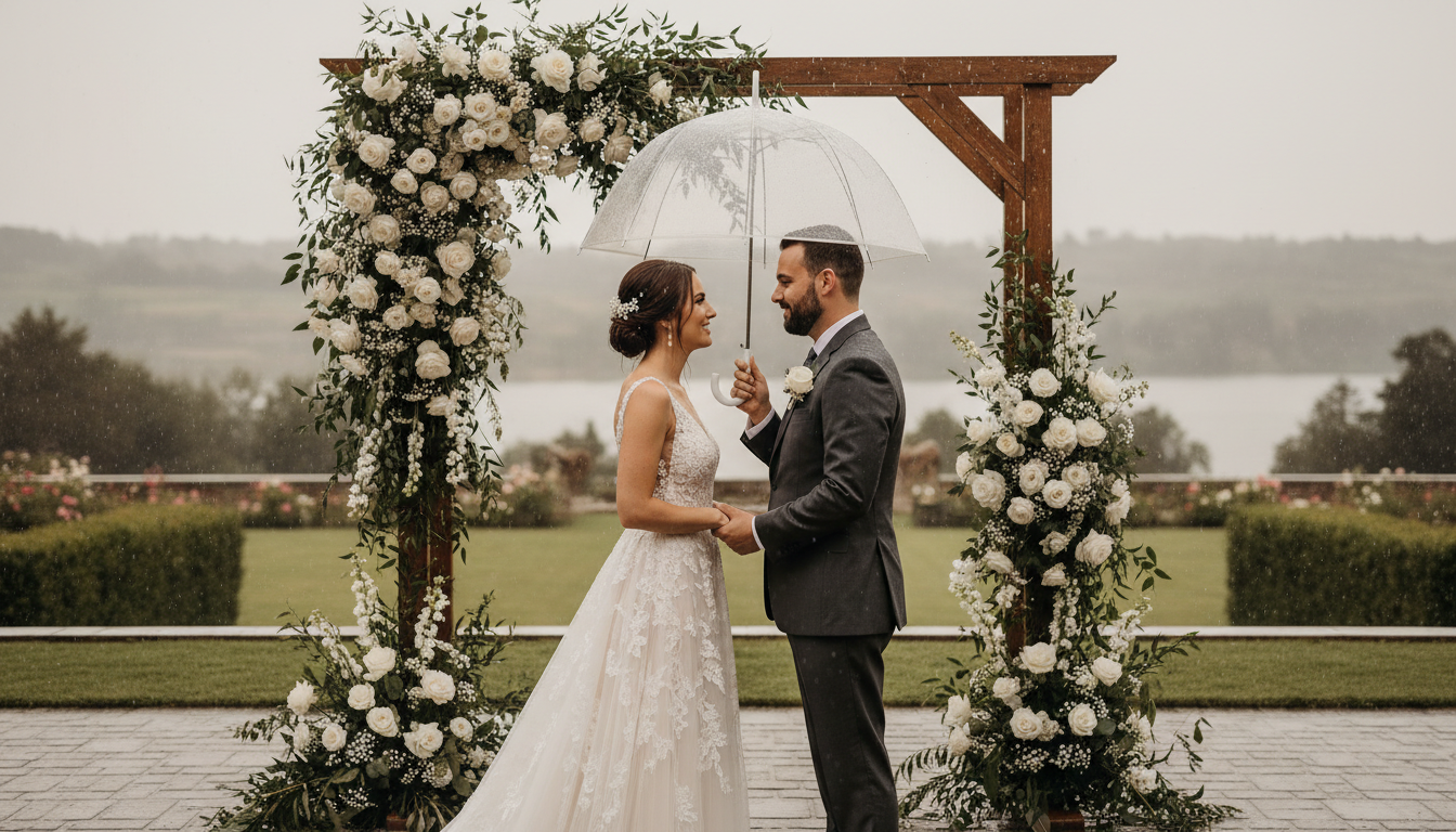 Couple exchanging vows under floral arch in rain, bride in lace gown holding clear umbrella at outdoor wedding ceremony.