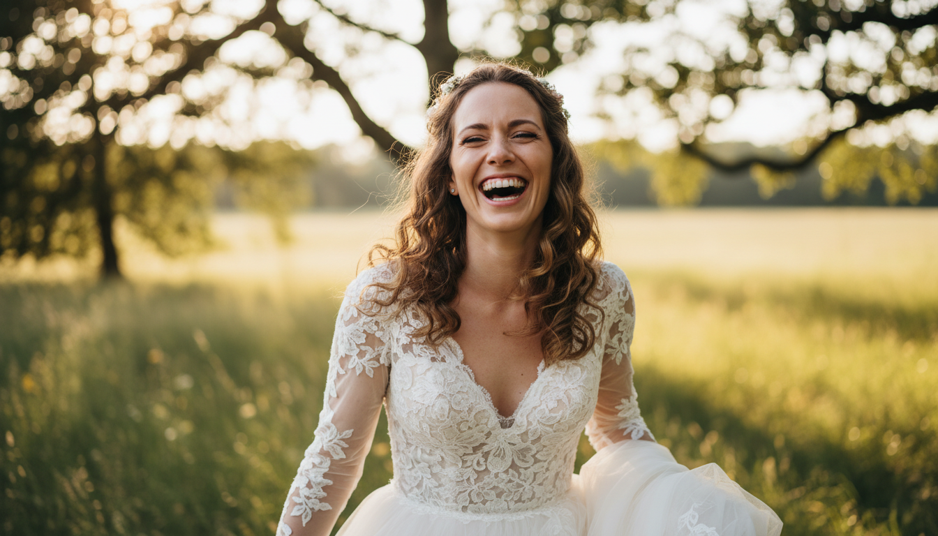 A joyful bride in a lace wedding dress laughing in a sunlit green meadow with trees in the background.