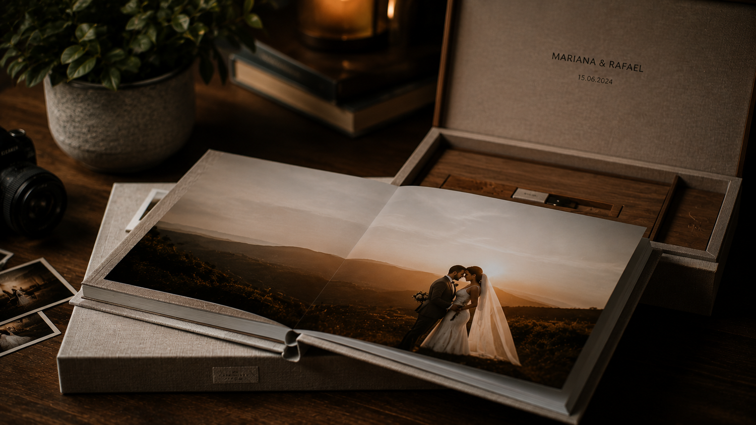 Elegant wedding photo album with couple portrait displayed in a luxury keepsake box on wooden table.