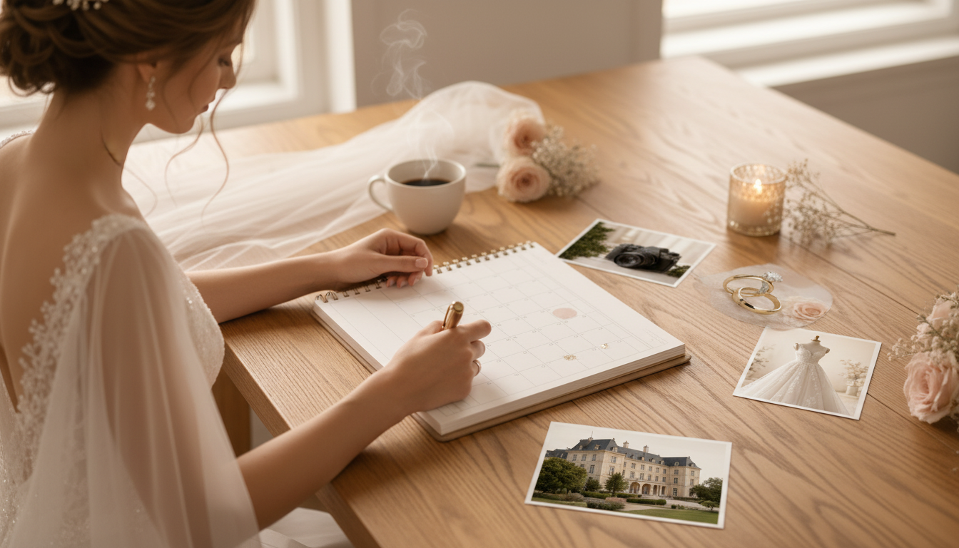 Bride in white dress writing in wedding planner notebook at wooden desk with photos, coffee, and candle.