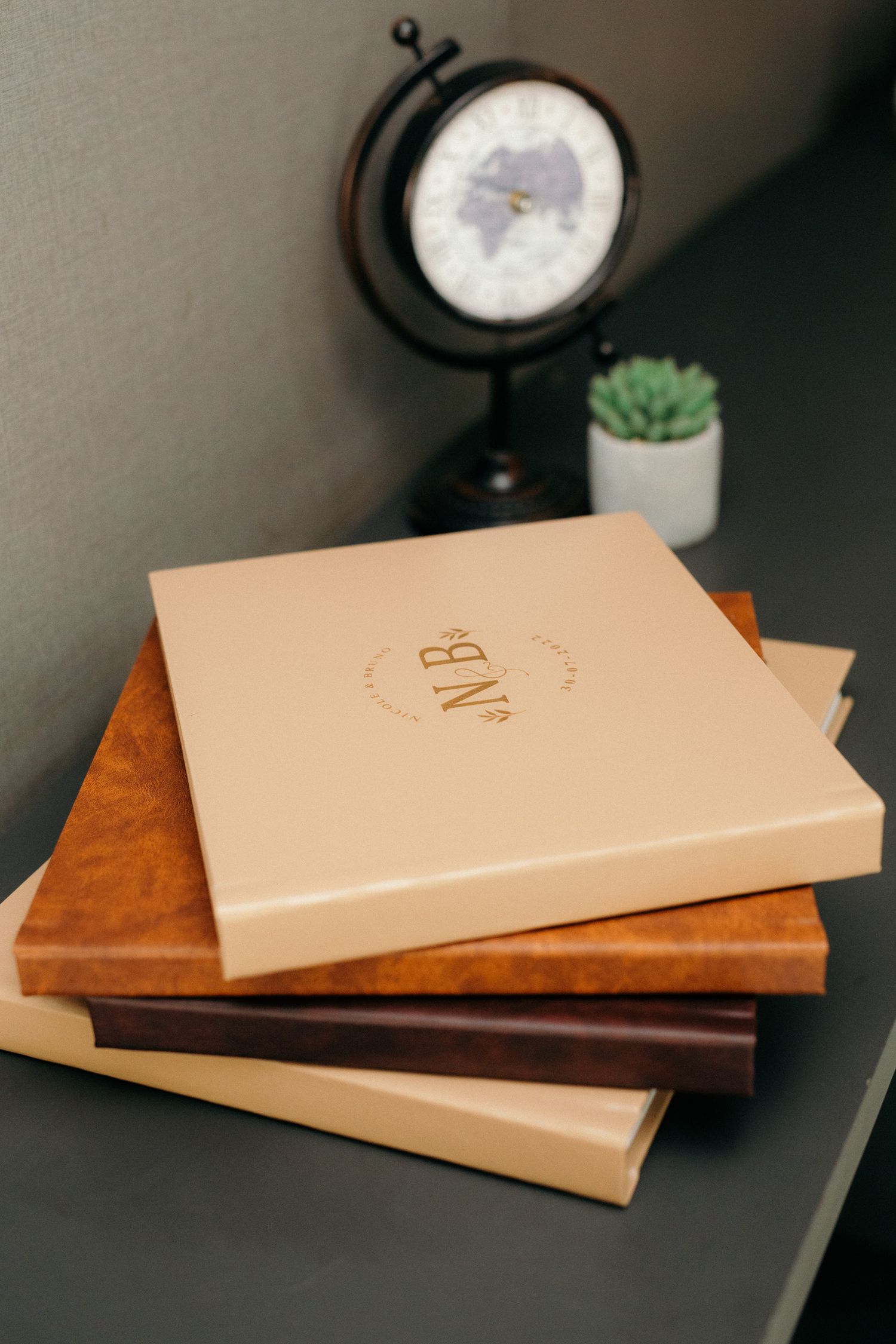 Stack of three hardcover photo albums with monogram on top, globe and succulent in background.