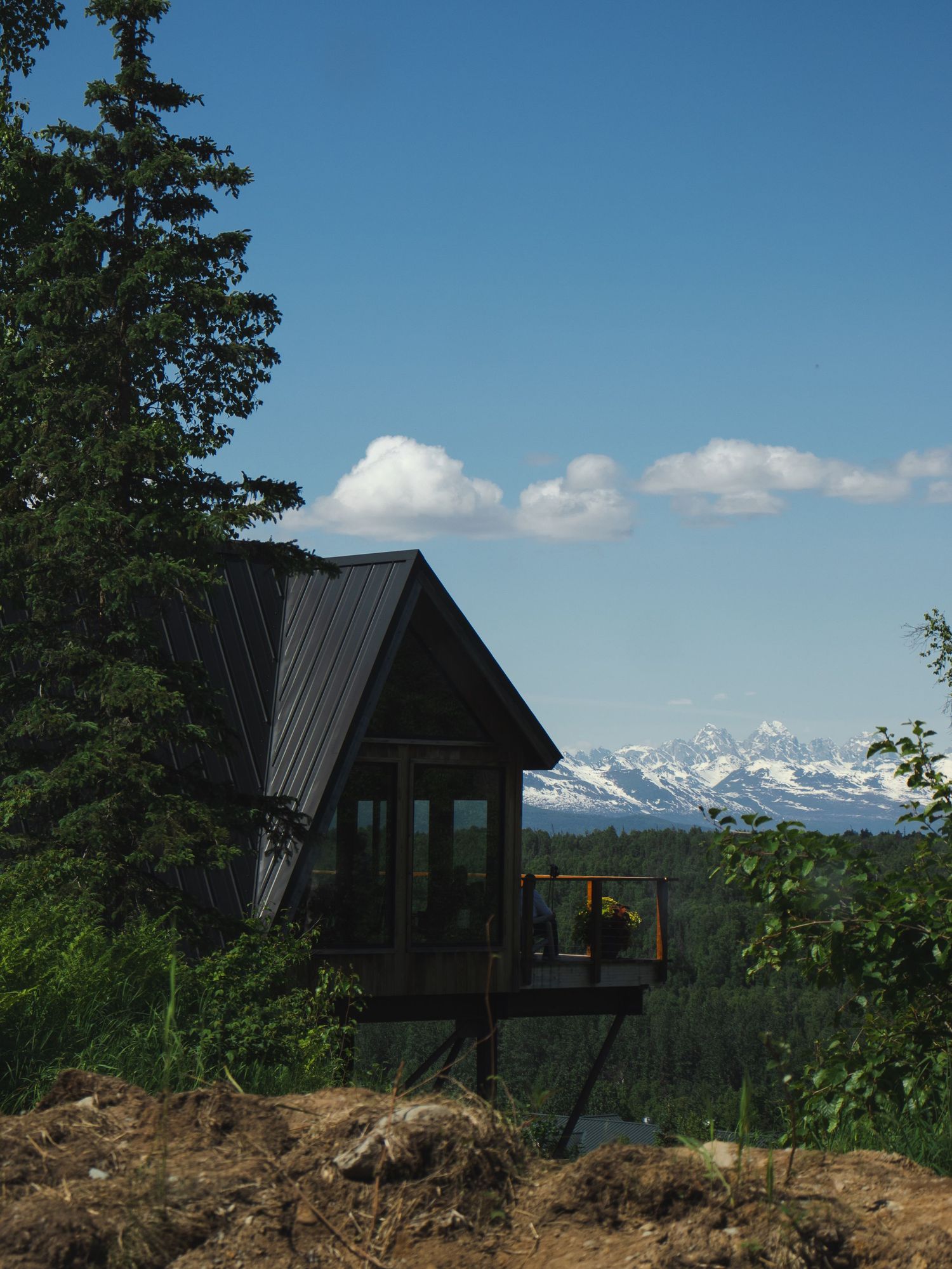 A rustic cabin with metal roof sits elevated on stilts among trees with snow-capped mountains in the background.