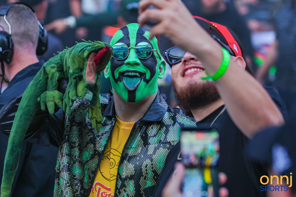 Fan with elaborate green face paint and snake costume takes selfie at a sports event.
