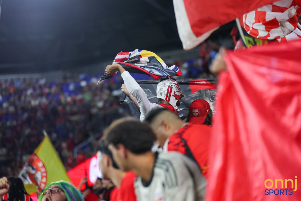 Passionate soccer fans wave colorful flags and scarves in the stands during an exciting match.