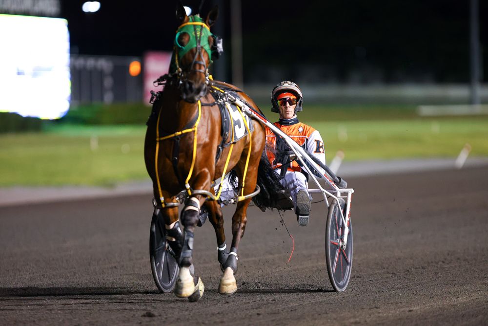 Harness racing horse and driver in orange uniform compete on track during evening race.