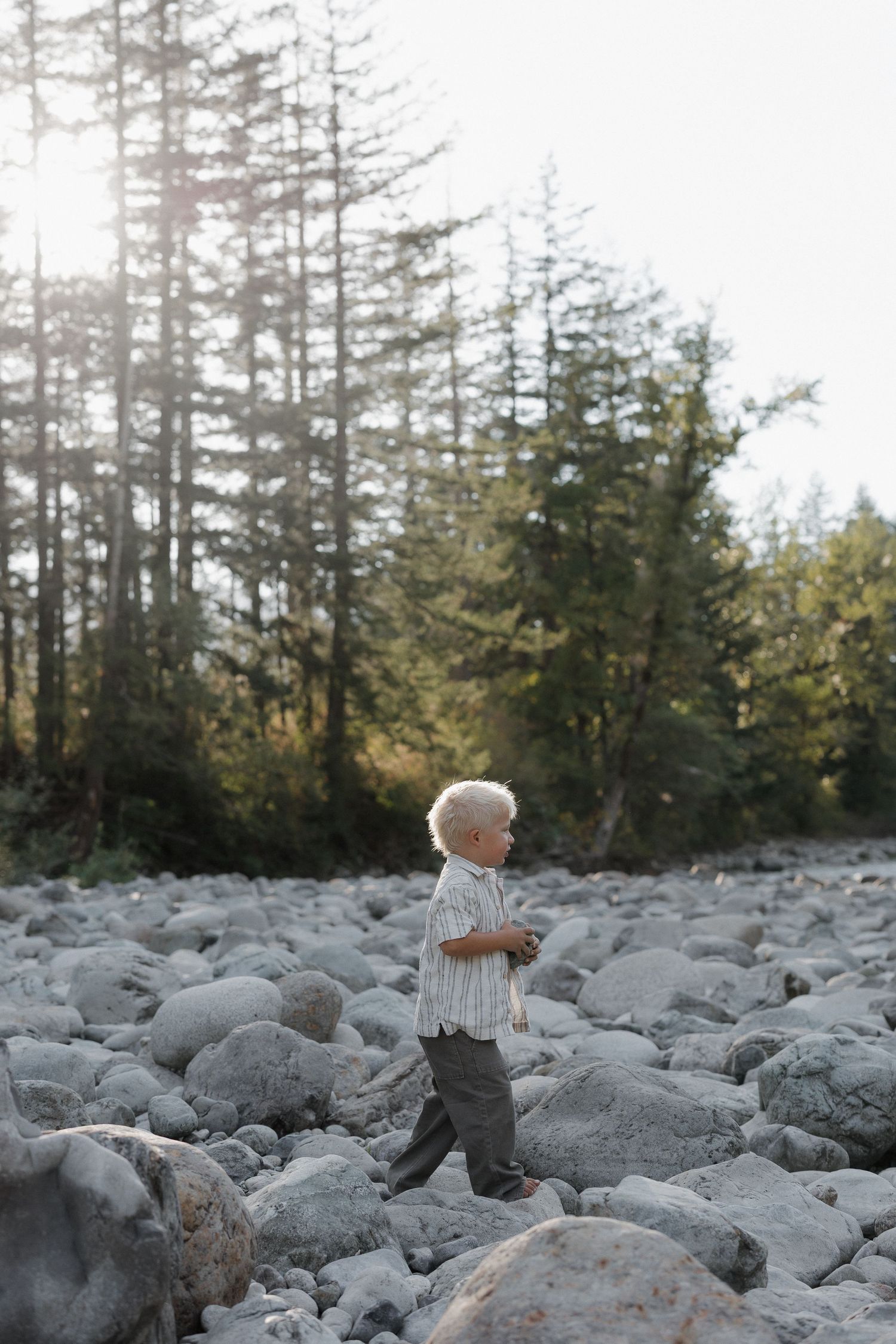 Young blonde toddler boy standing on rocky riverbed surrounded by tall evergreen trees in natural outdoor setting.