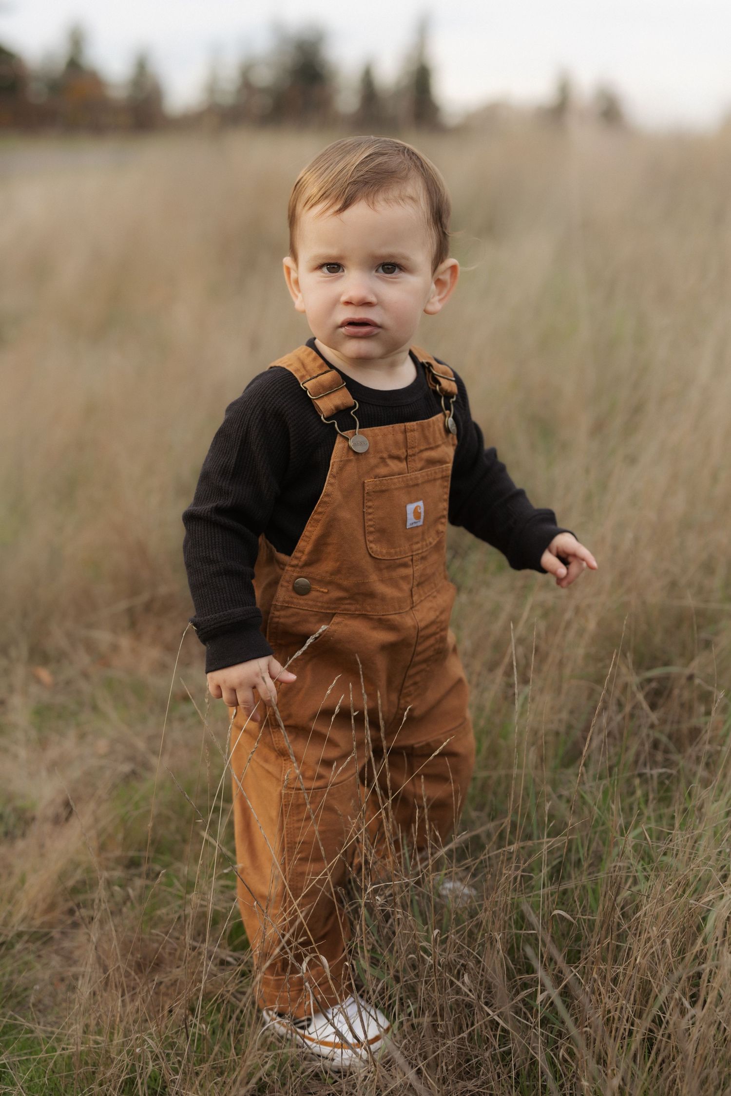 Toddler in brown Carhartt overalls and black shirt standing in a dry grass field.