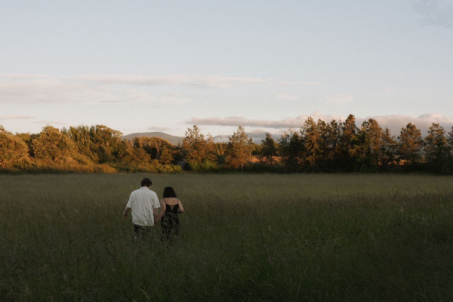 Couple walking hand in hand through a lush green field at golden hour sunset.