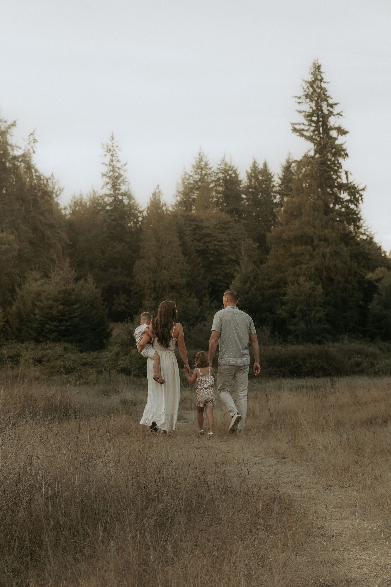 Family of four walking through a golden meadow toward evergreen trees at dusk.