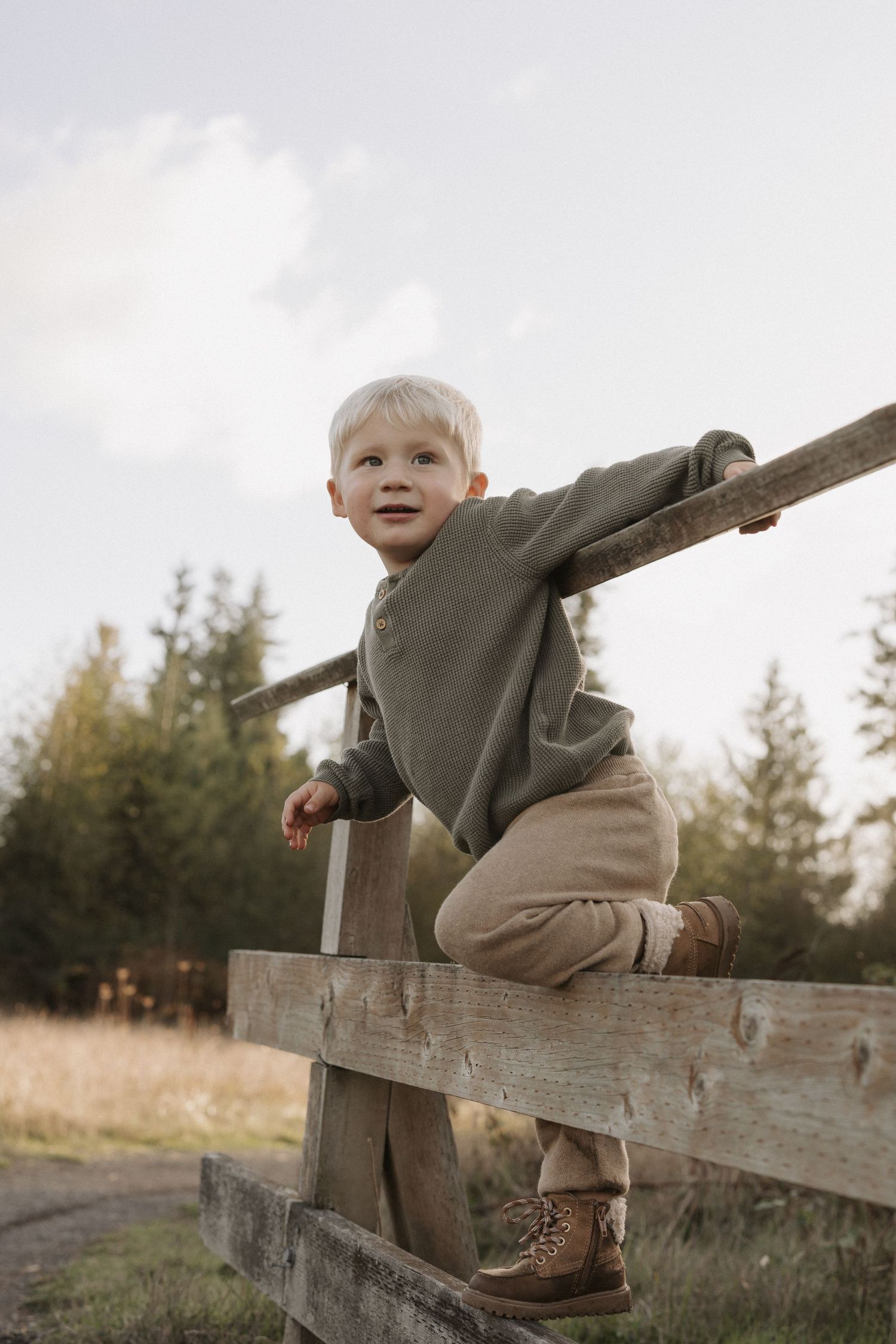Toddler boy in green sweater sitting on rustic wooden fence outdoors with trees in background.