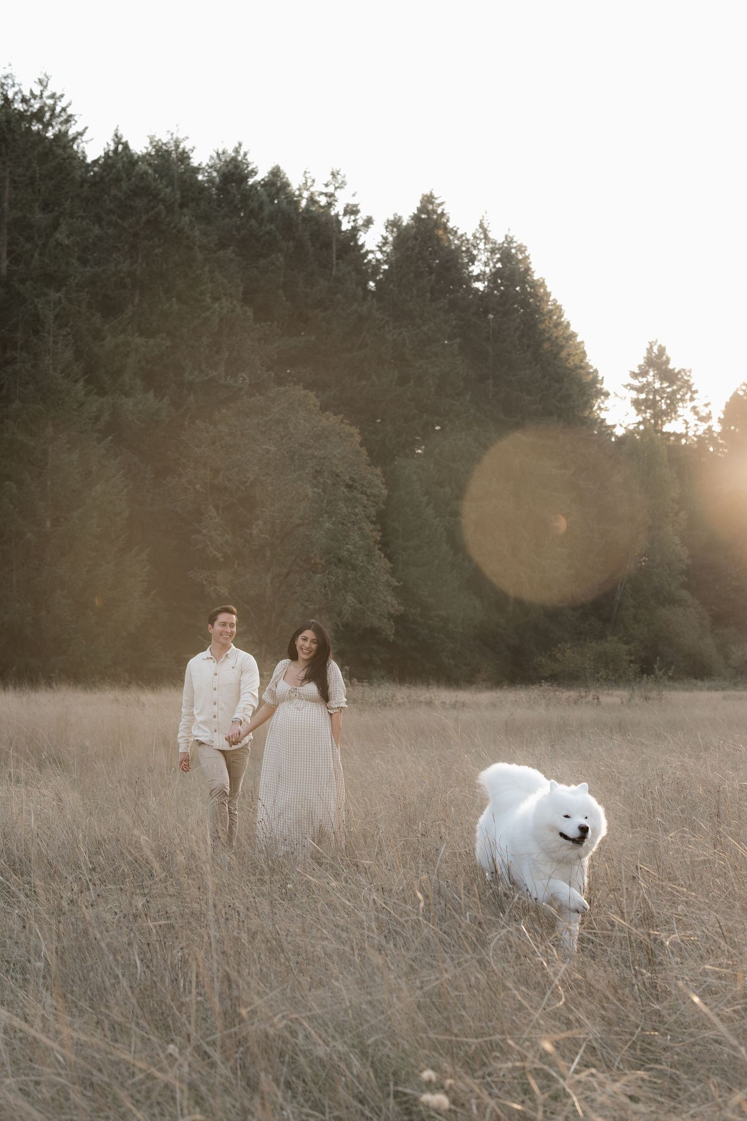Couple in white outfits holding hands walk through a golden grassy field at sunset as a fluffy white Samoyed dog runs toward the camera.