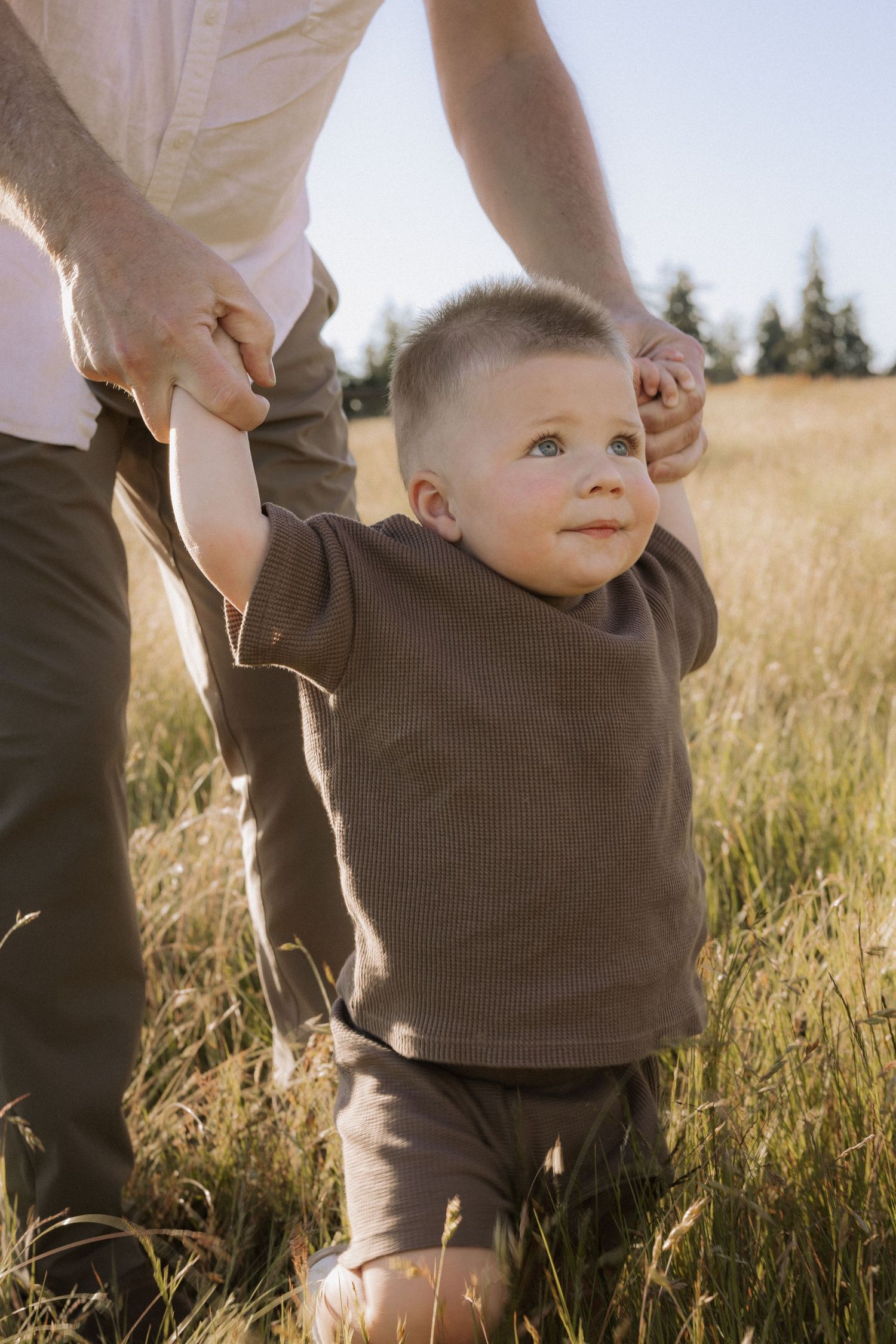Toddler boy in brown outfit holds adult hands while learning to walk in a sunny golden grass field.