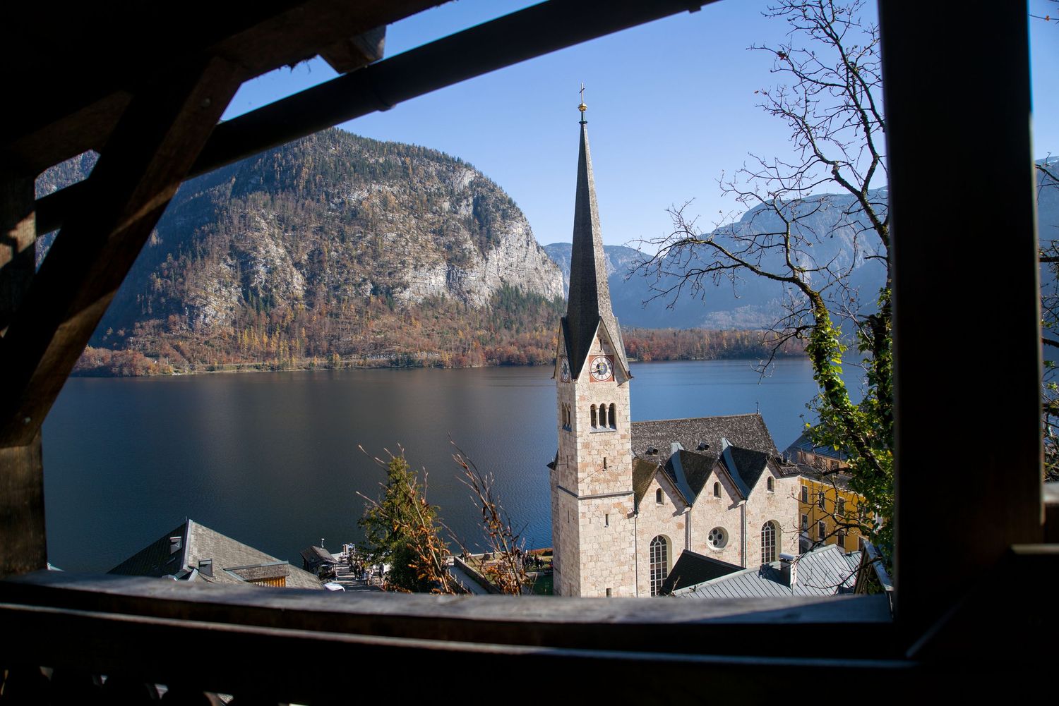 Mountain town church through frame
