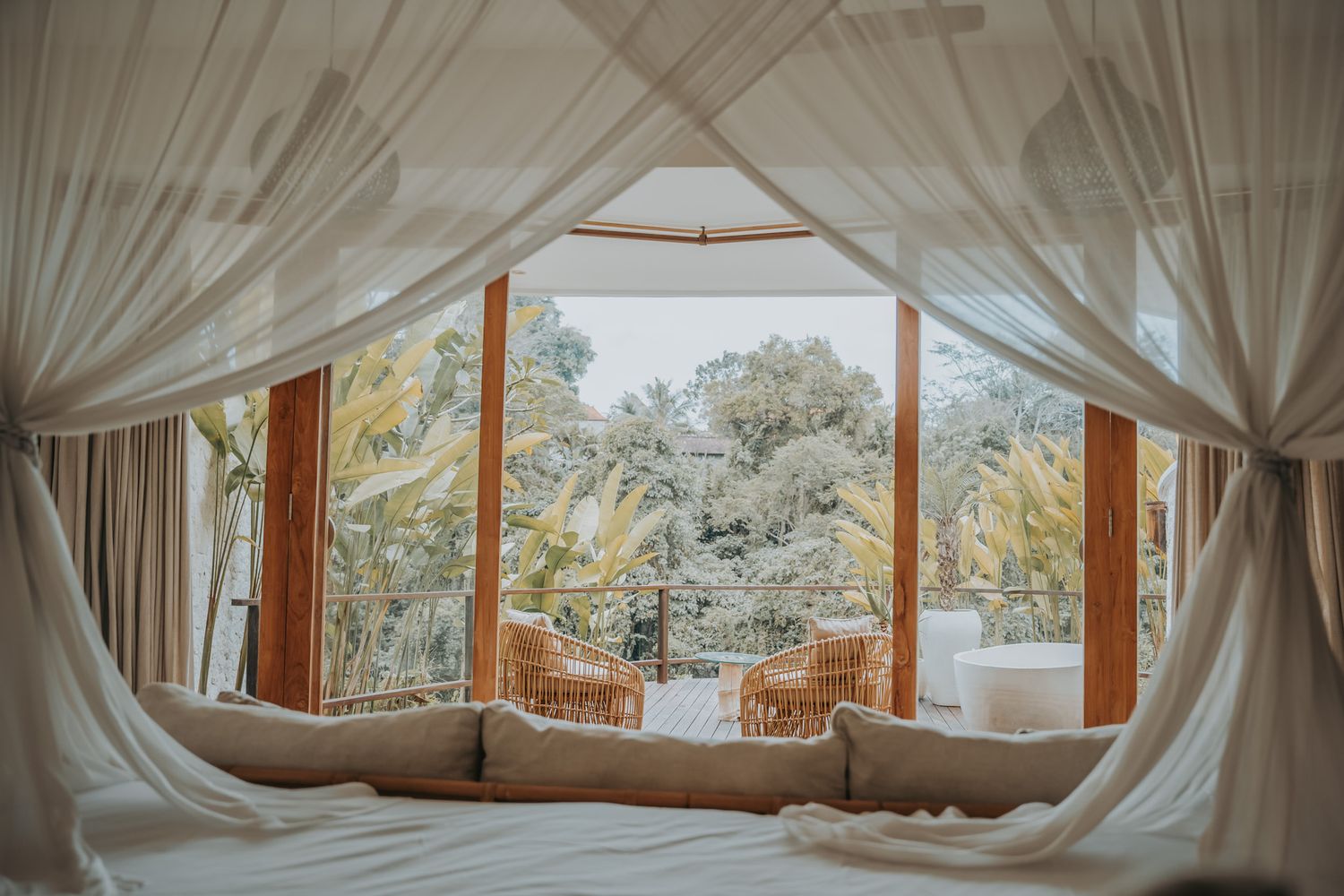view from bed in jungle villa at solana ubud bali