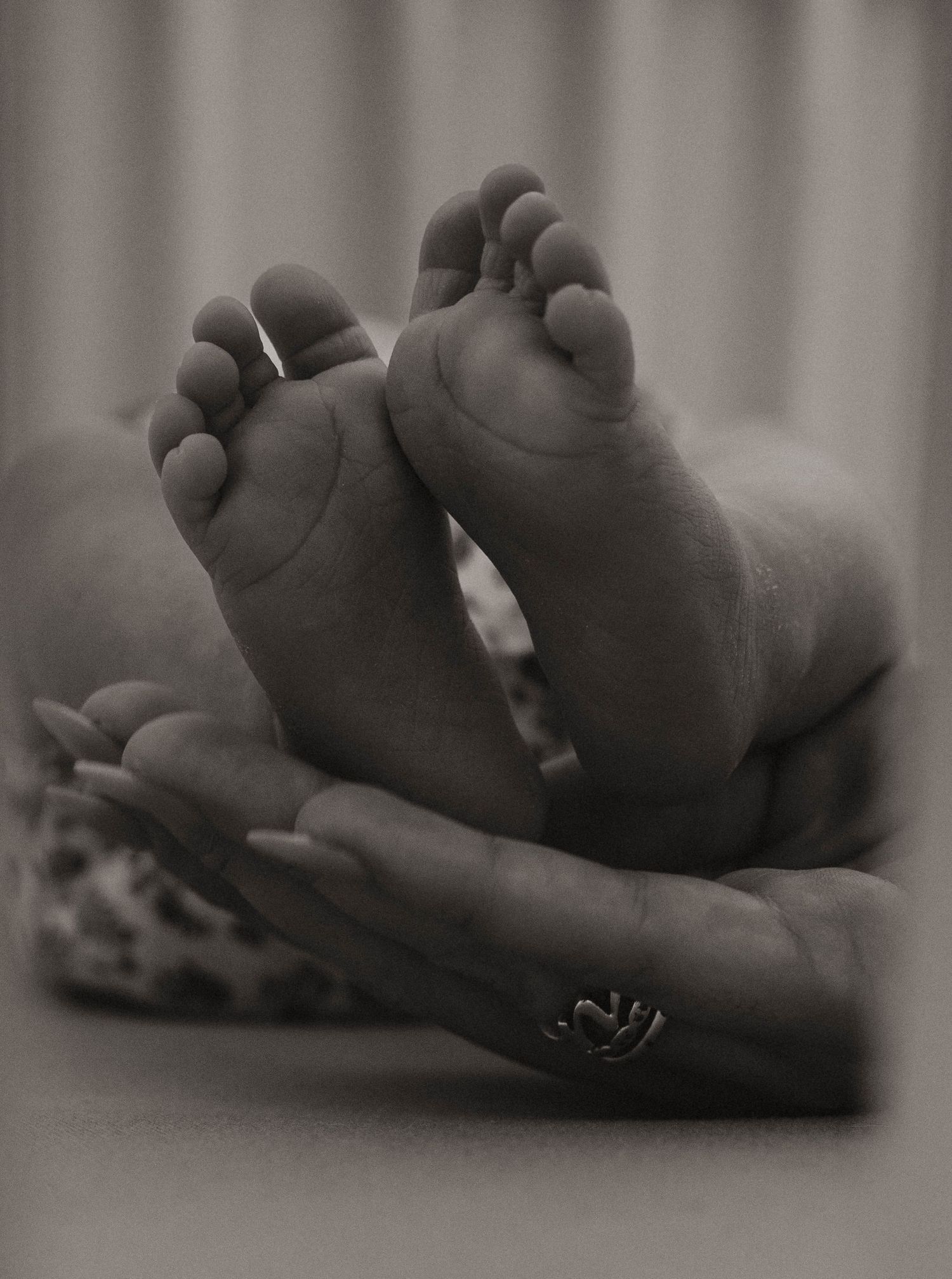 Adult hands gently cradling tiny newborn baby feet in a tender black and white close-up photo.