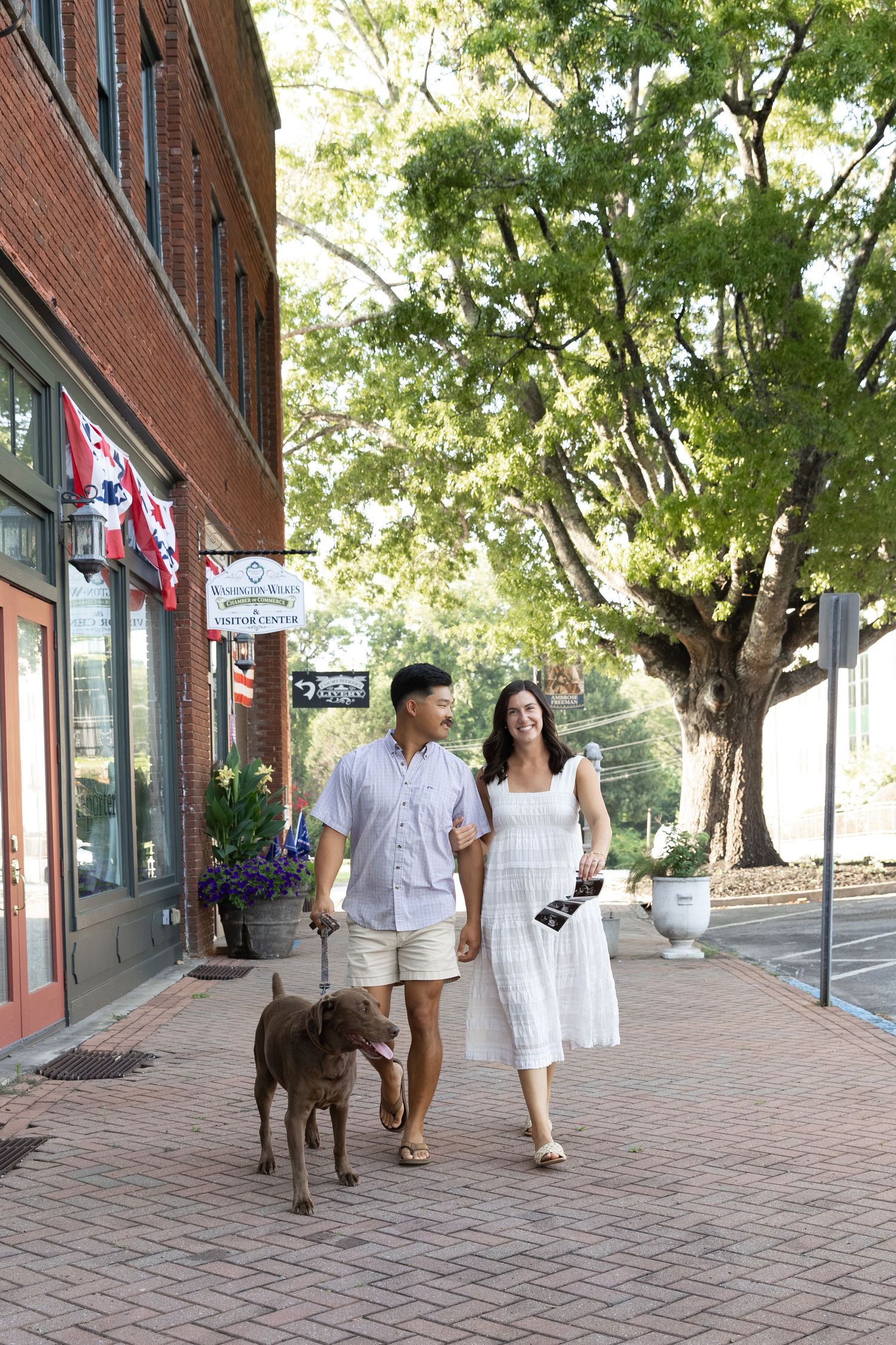 A couple walks their brown dog on a brick sidewalk past shops and trees on a sunny day.