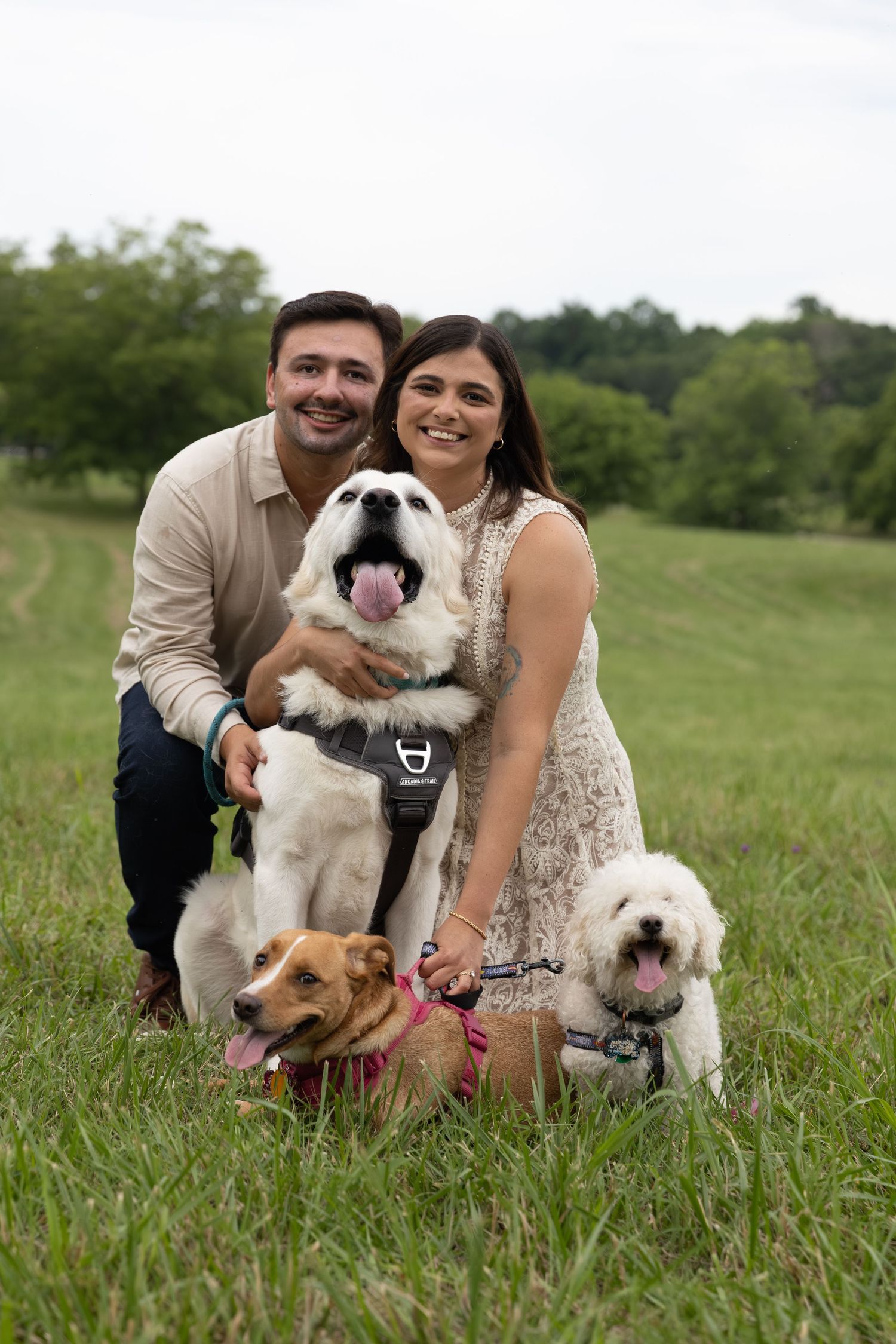 Smiling couple posing outdoors in a green field with three happy dogs, including a large white dog.