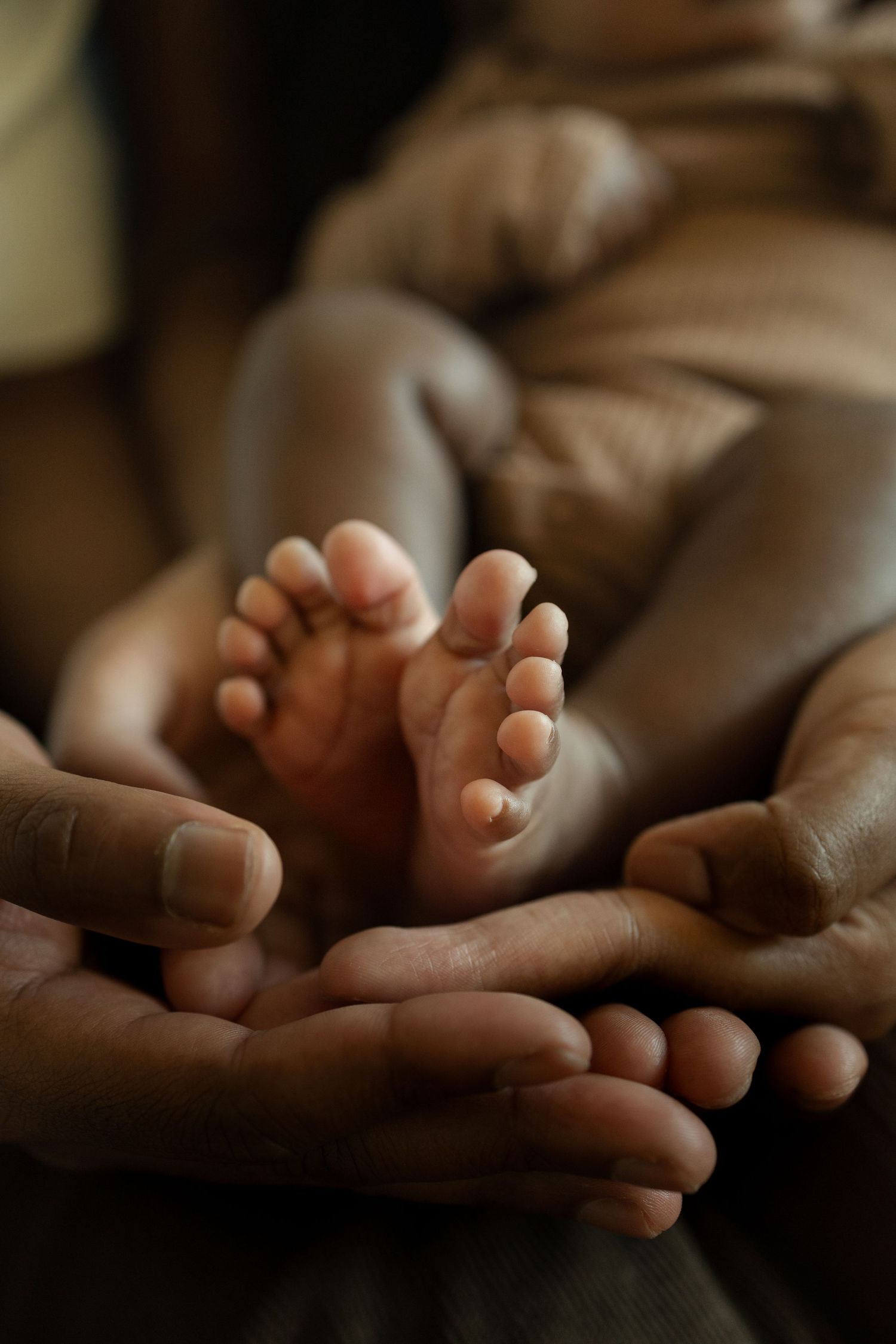 Two adult hands cradling tiny newborn baby feet in a tender, close-up moment.