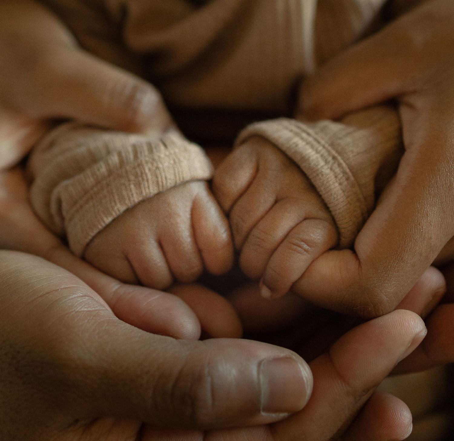 Adult hands gently cradling tiny newborn baby feet and hands in a tender family moment.