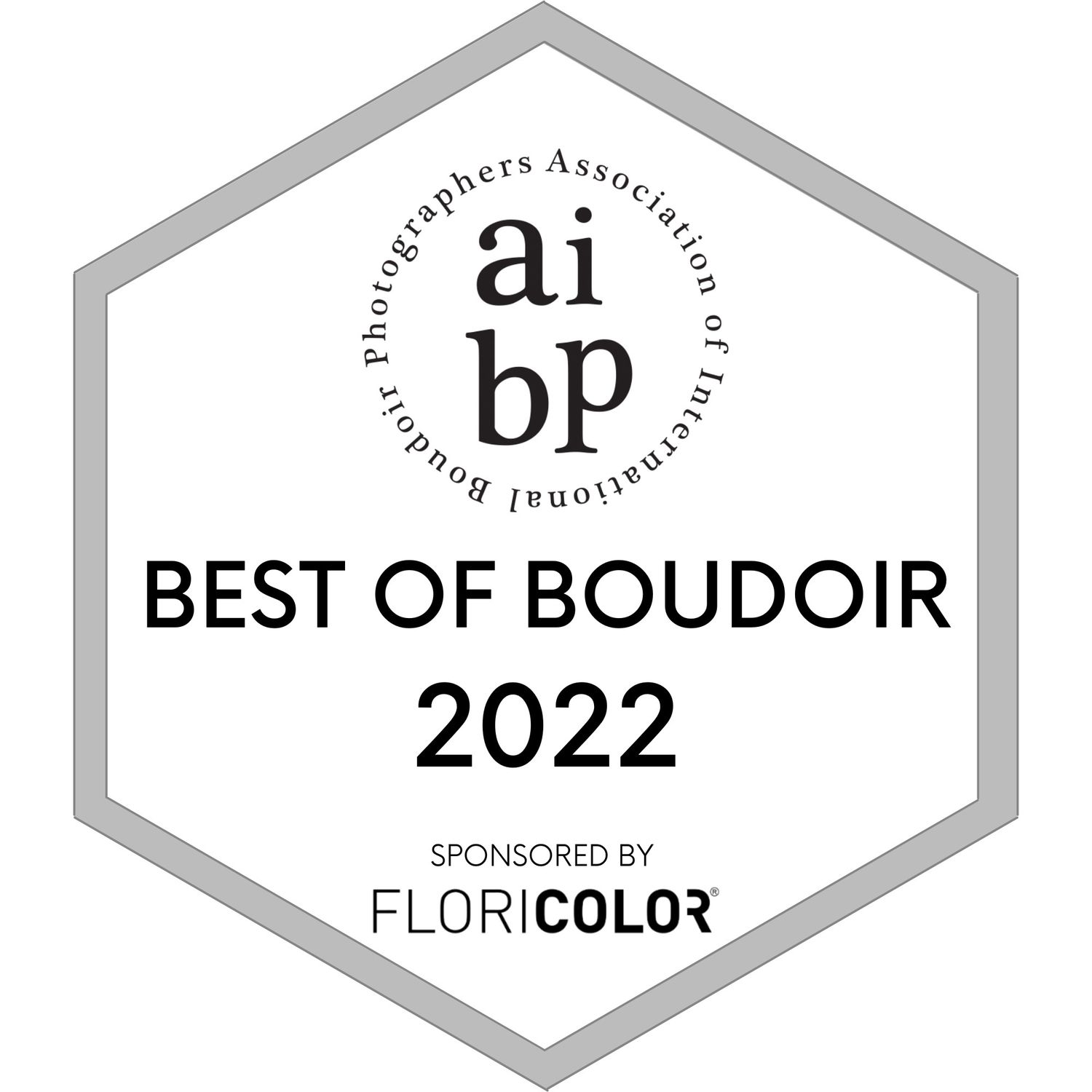 AIBP Best of Boudoir 2022 award badge sponsored by Floricolor, hexagonal shape in silver and white.