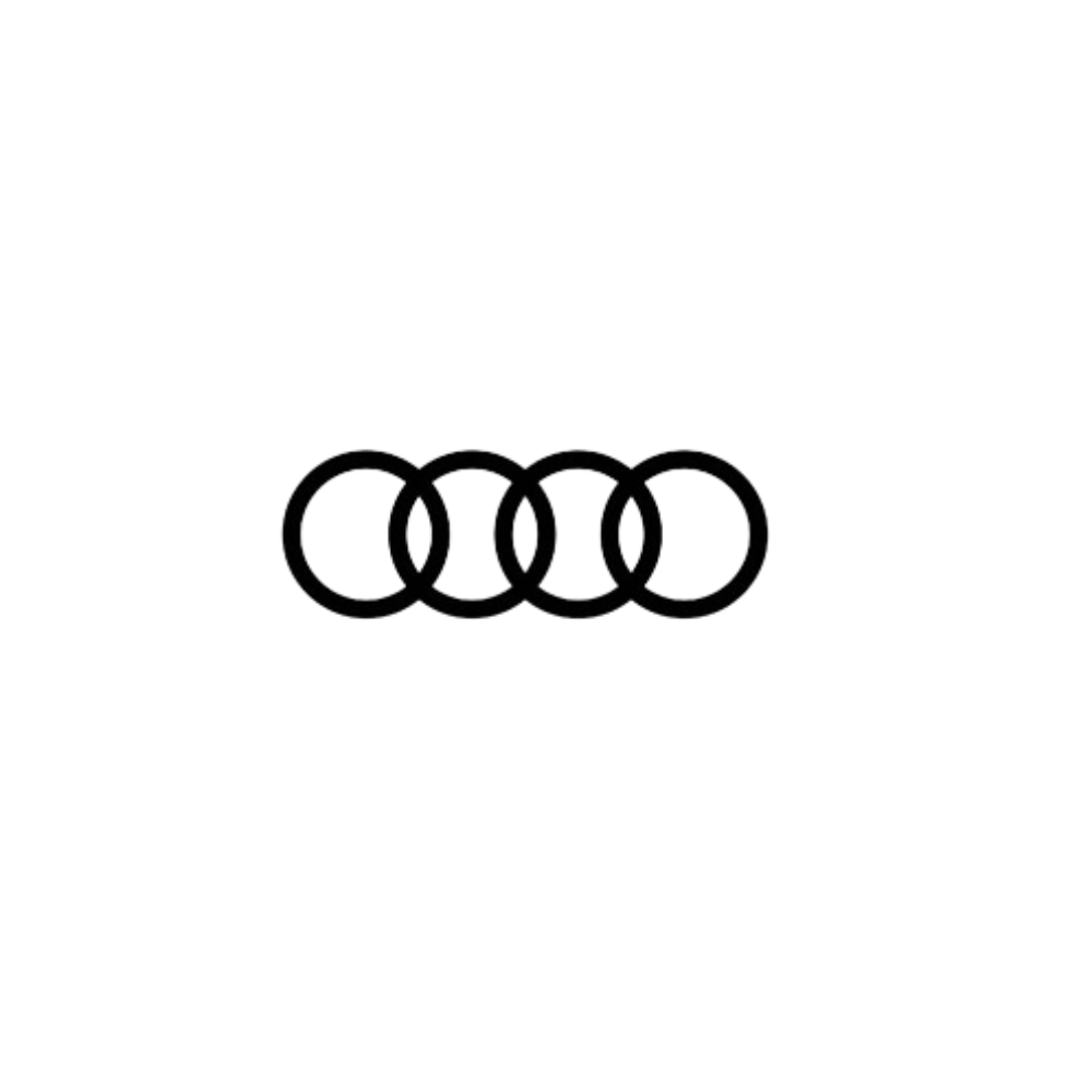 Audi four interlocking rings logo in black on a white background, representing the iconic German luxury car brand.