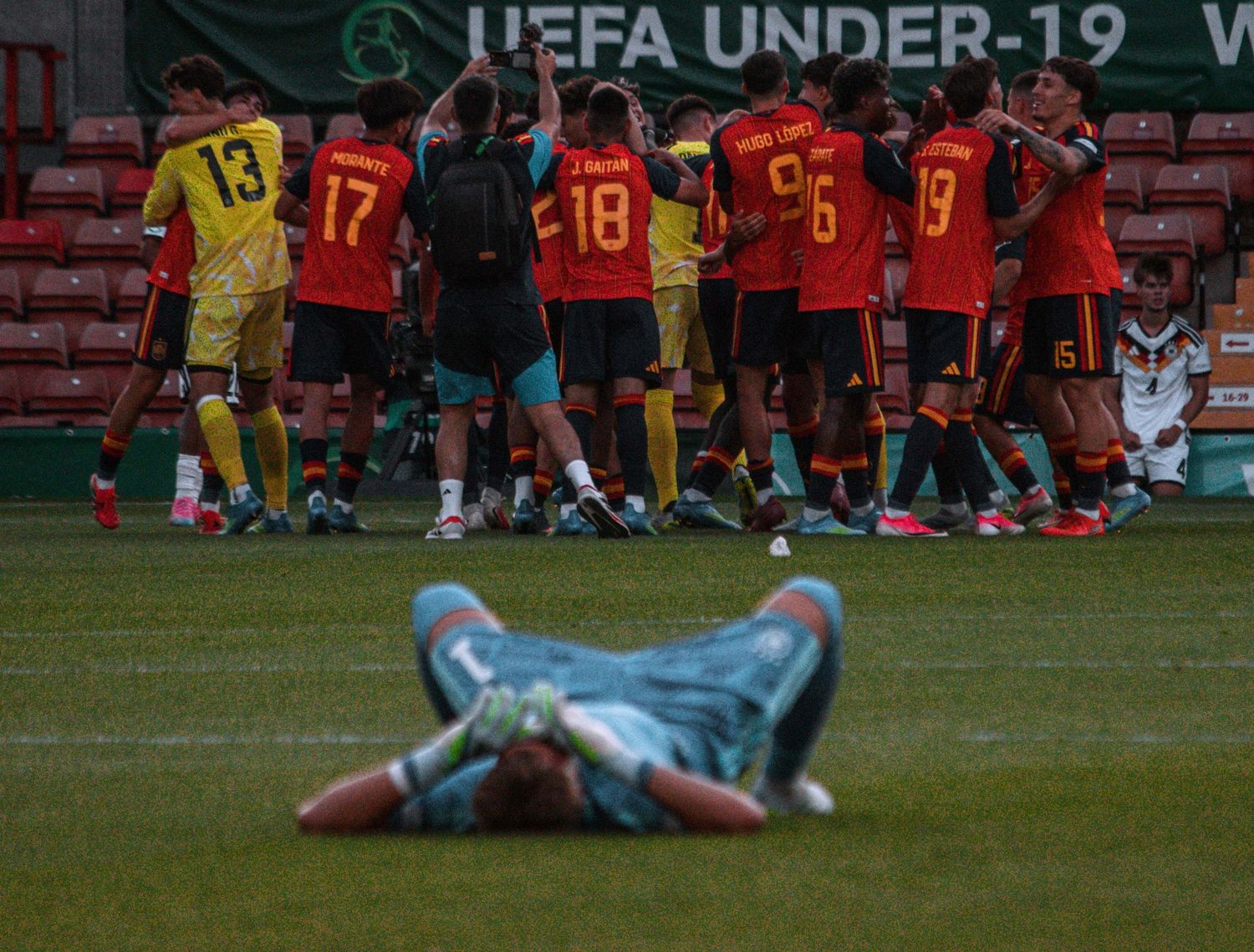 Germany's U19 goalkeeper laying on the floor after defeat to Spain U19 to win the euros u19s
