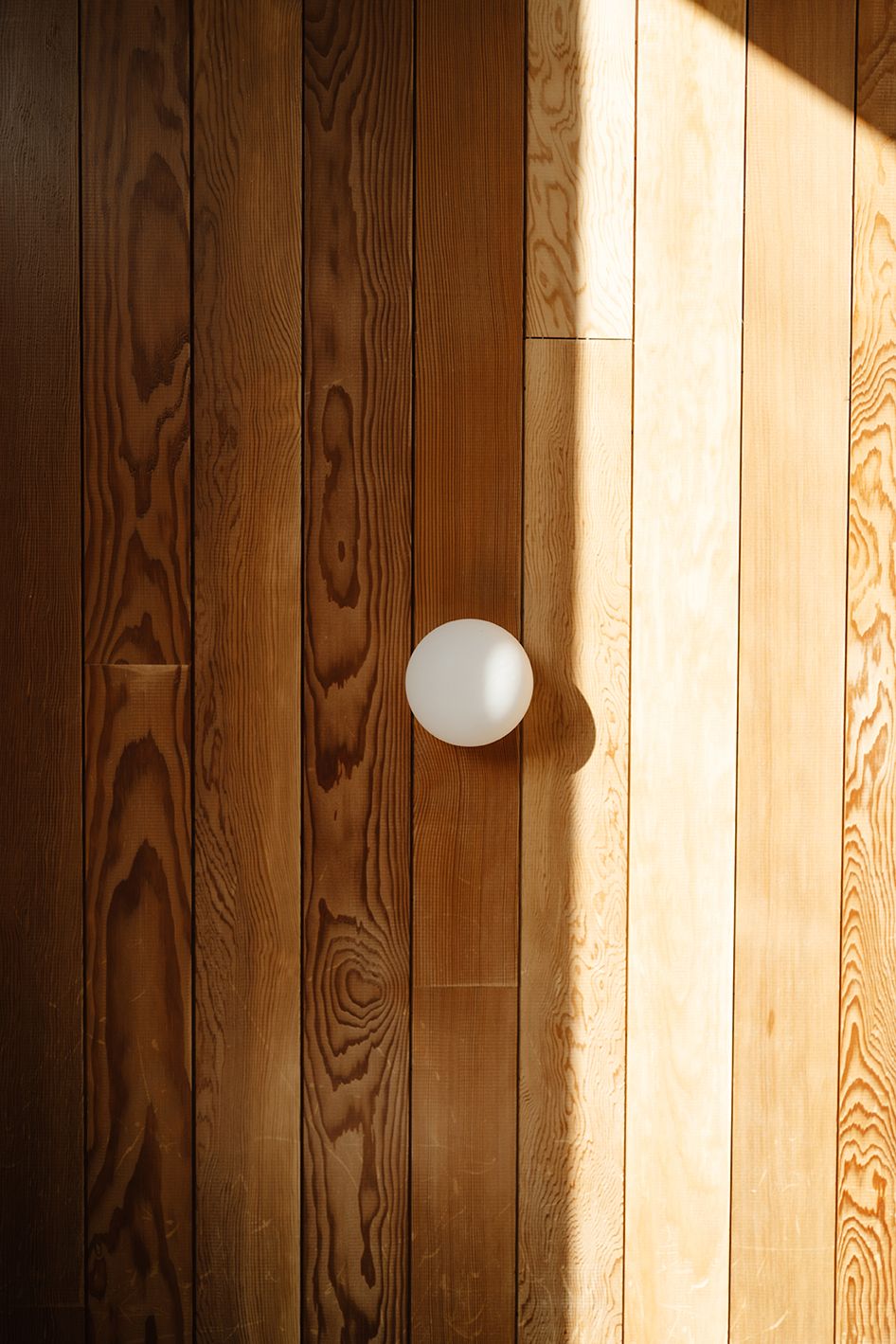 Wooden paneled wall with round white globe light fixture casting warm sunlight shadows on natural wood grain.