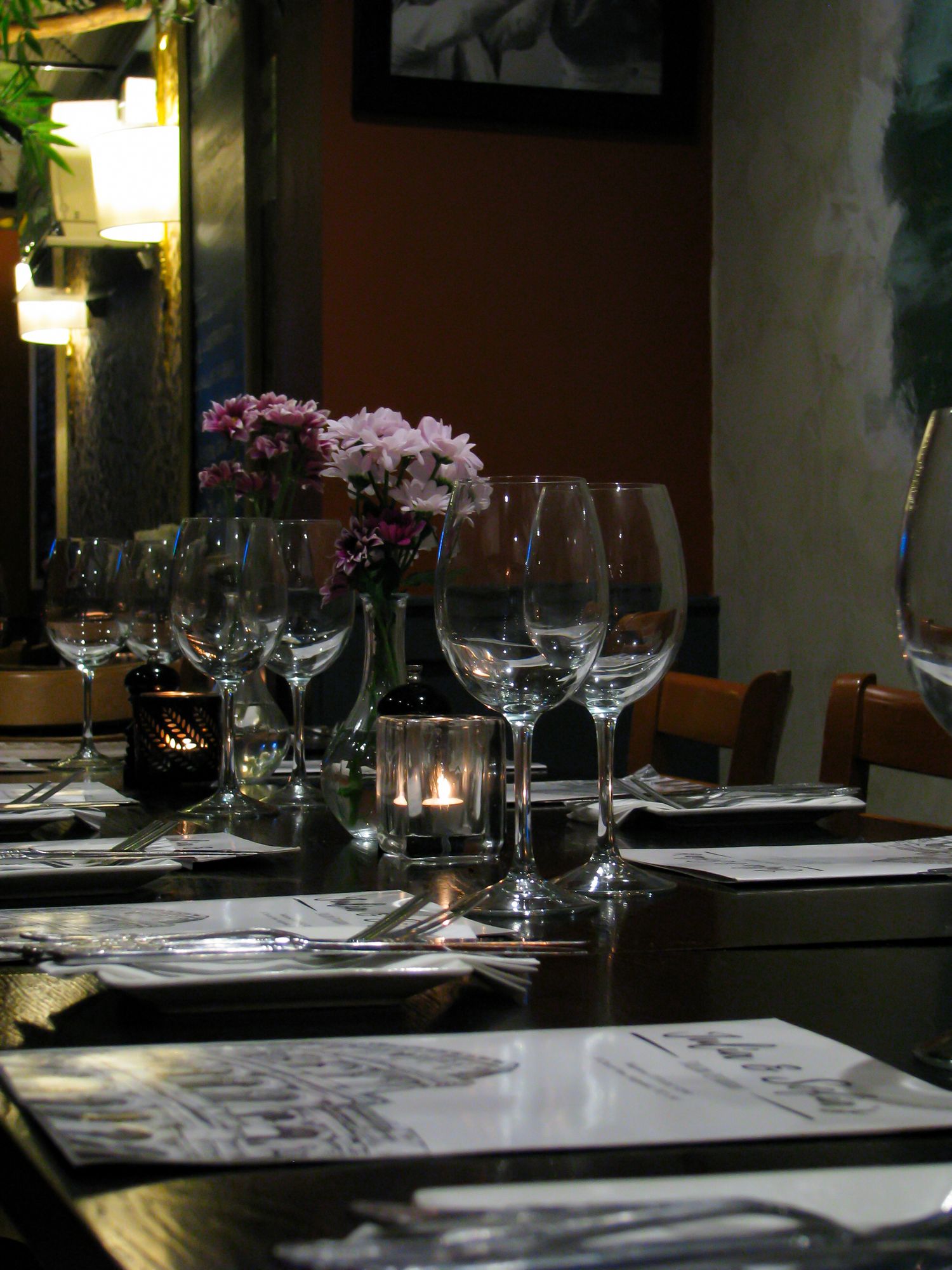 Restaurant photo of a set table. Julia and Sofia’s Italian Restaurant.