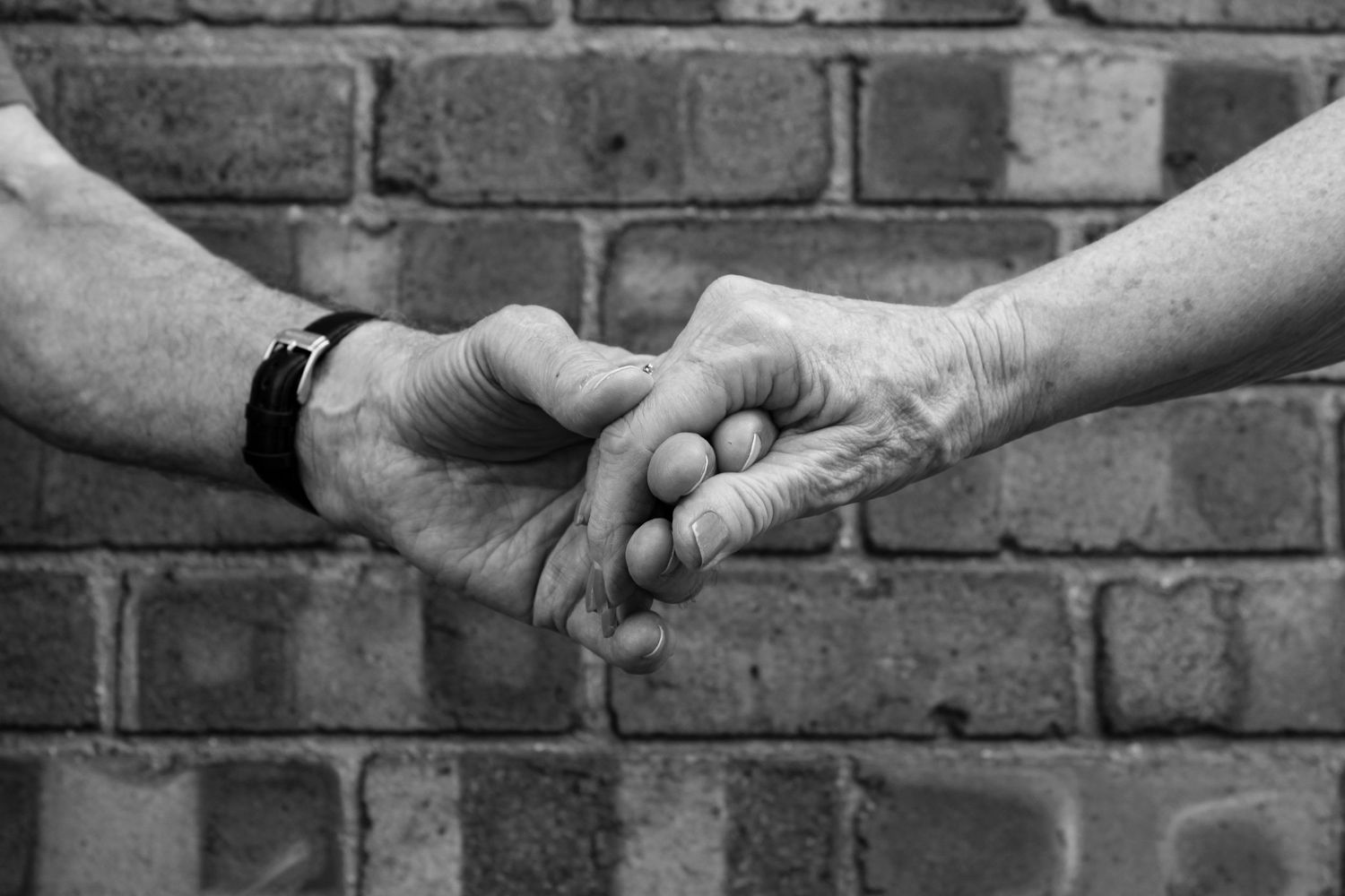 An elderly couple holding hands. Black and white.