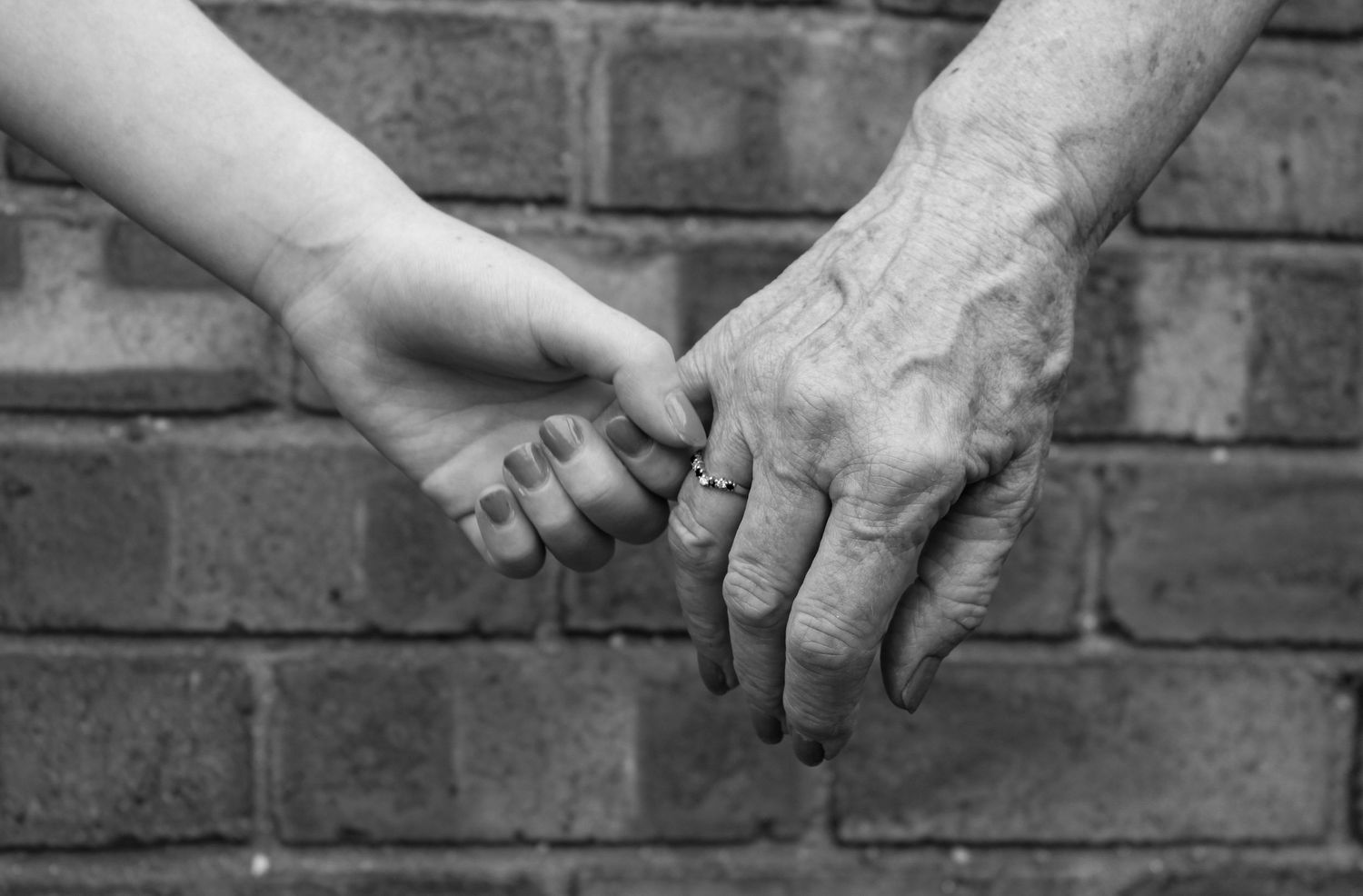 A grandparent and grandchild holding hands. Black and white.