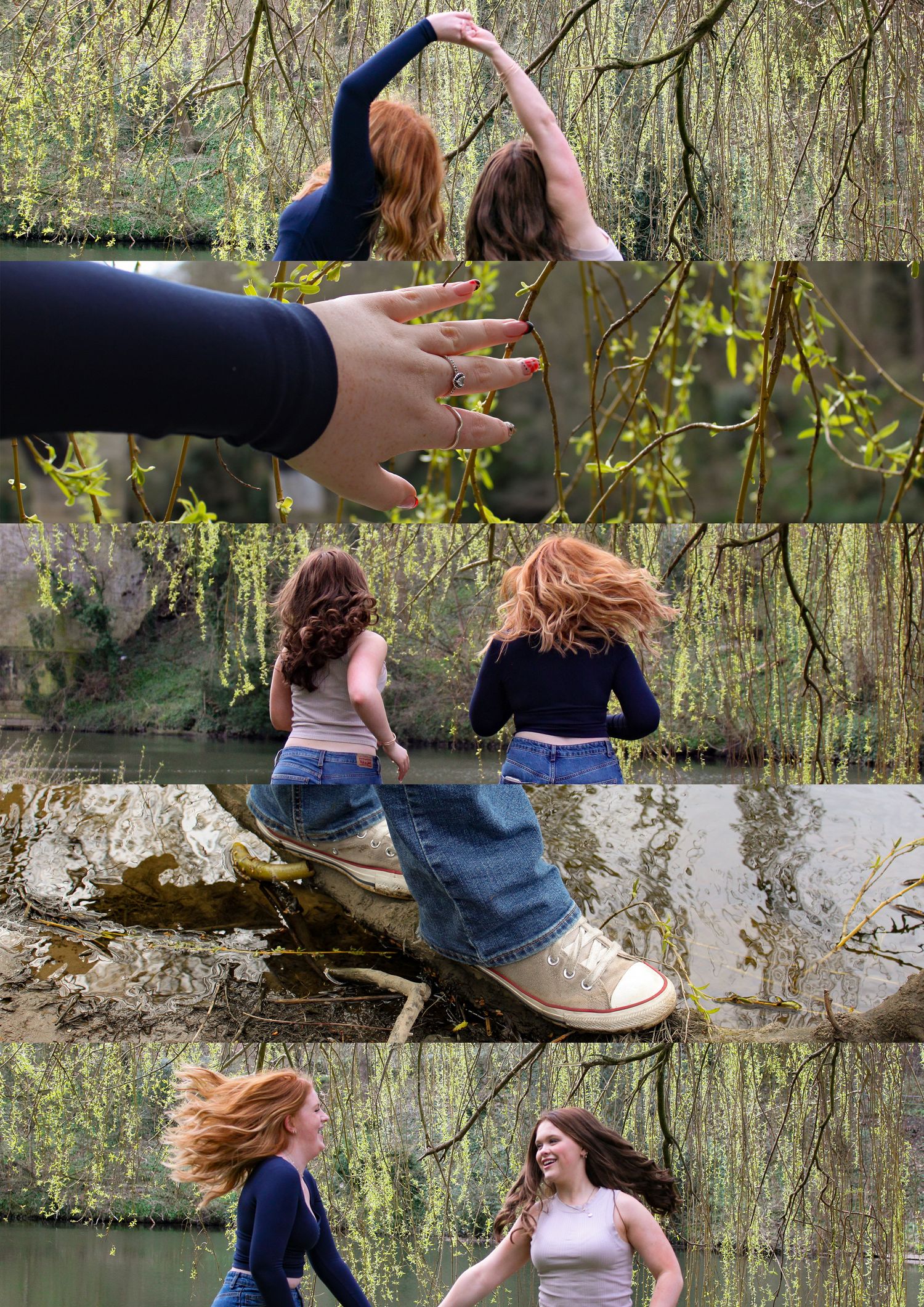 Collage of candid photos. Willow tree. River. Two girls dancing, running and laughing.