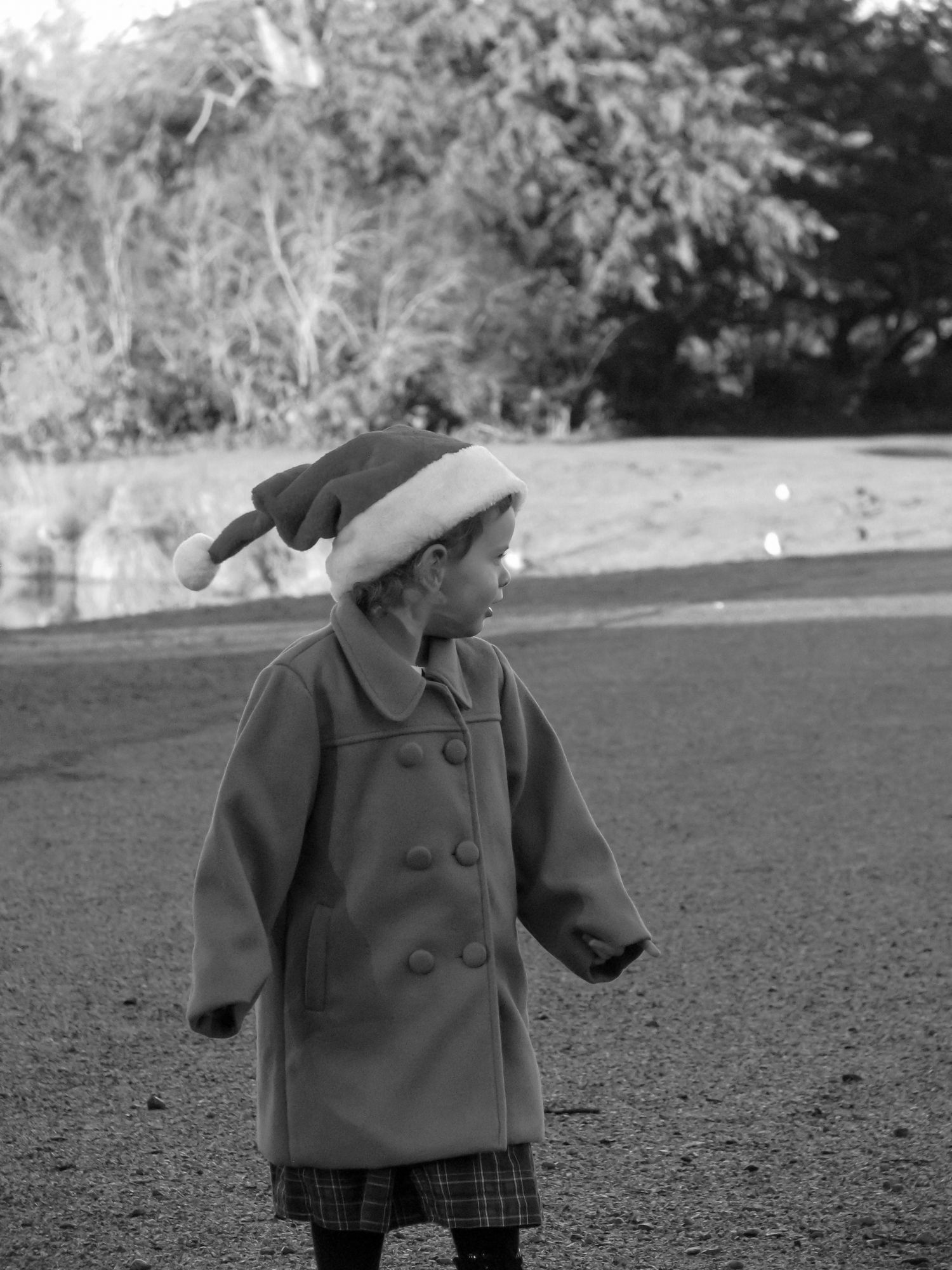 Child wearing a Santa and looking over her shoulder. Family photoshoot. Black and white.