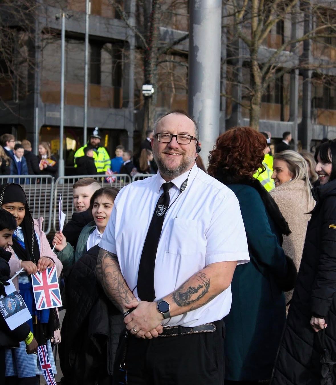Portrait of a security guard for Hinson Security Services at a royal event with King Charles in Middlesbrough.