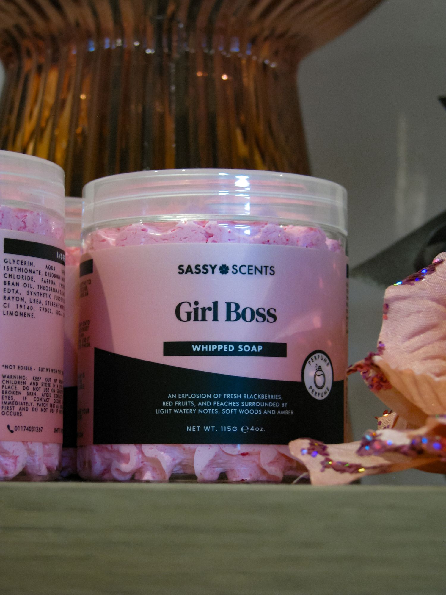 Product photo for Betty’s Boudoir Boutique. Business photography. Pink whipped soap titled “Girl boss”.