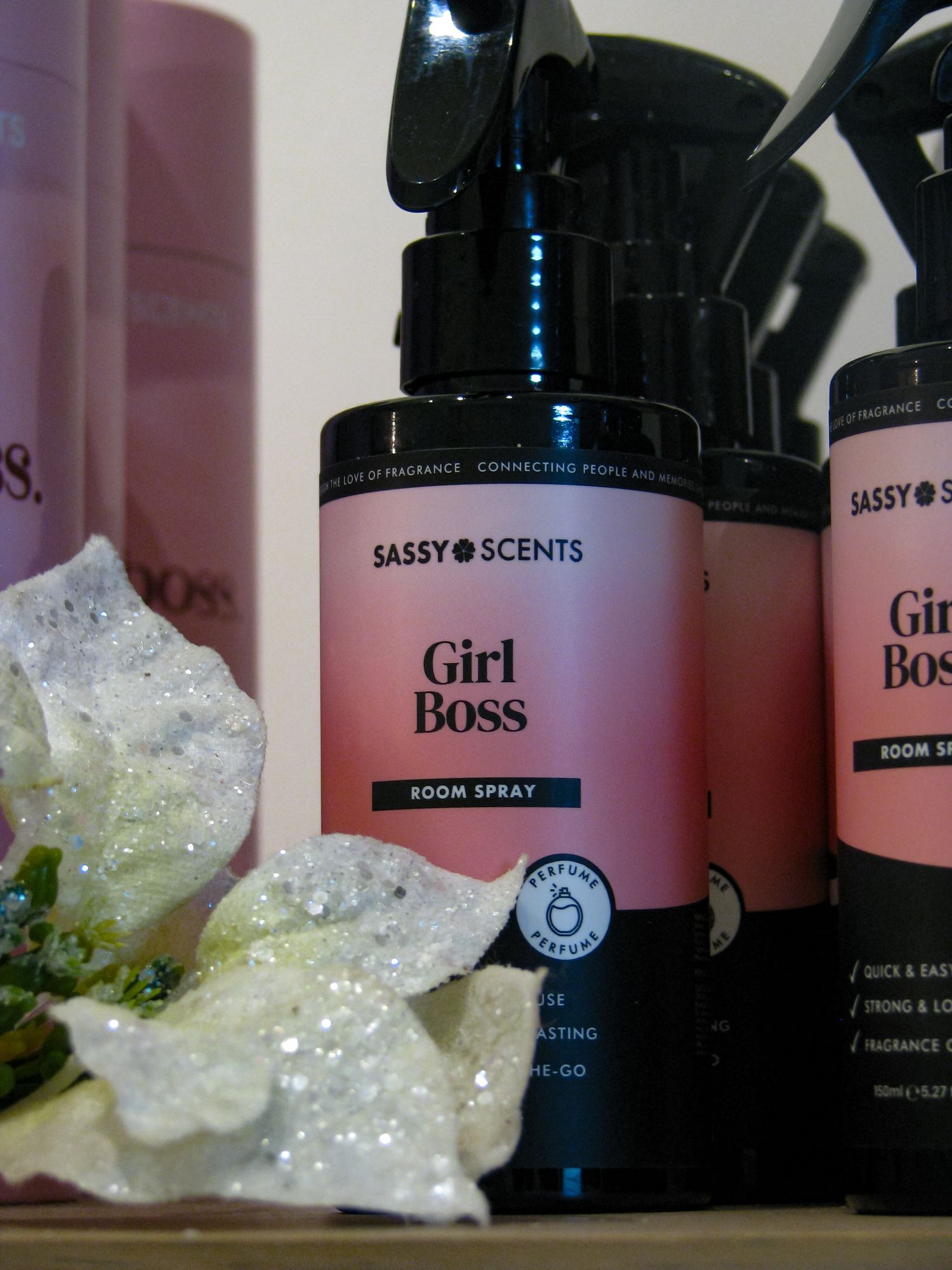 Product photo for Betty’s Boudoir Boutique. Business photography. Room spray bottle titled “Girl Boss”.