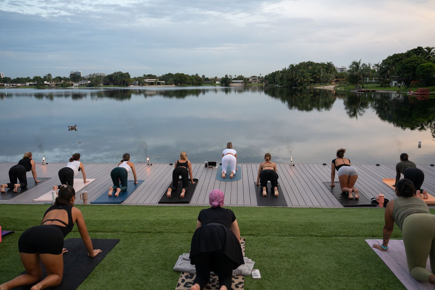 People practicing yoga poses on wooden dock by serene lake.