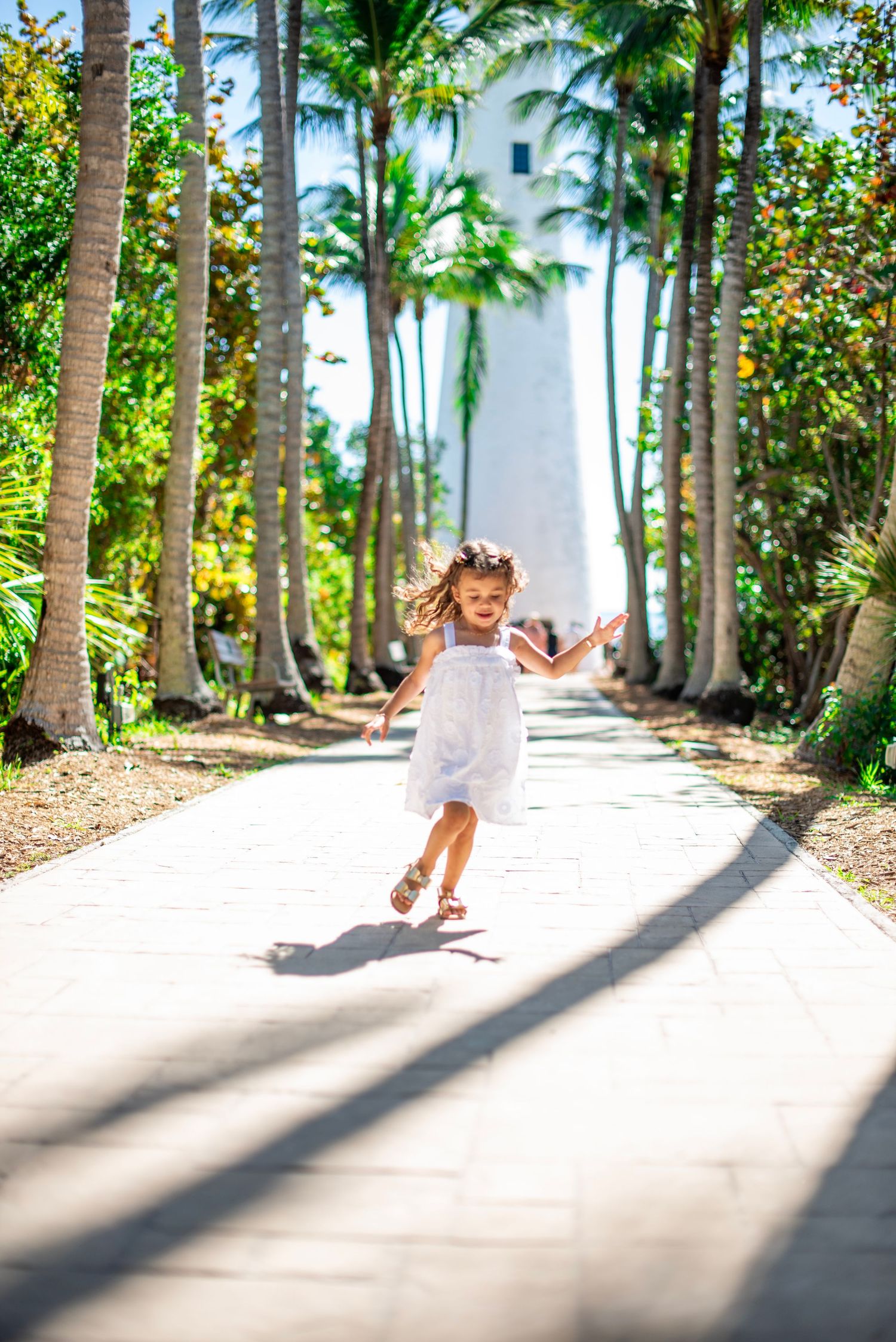 A couple dances playfully on a sun-dappled path lined with towering palm trees in a tropical paradise.