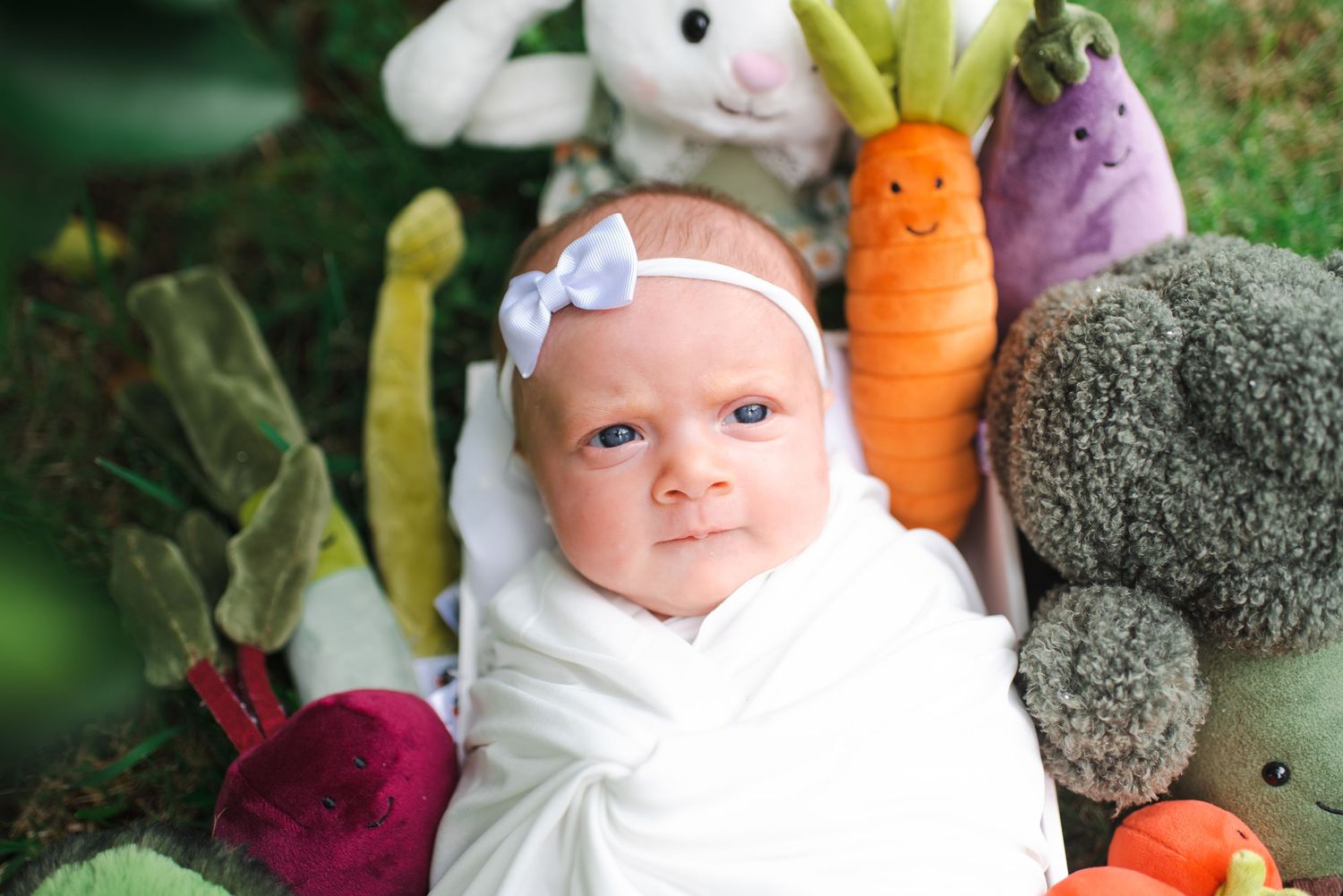 A baby sits among colorful vegetables and plush toys in an outdoor garden setting.