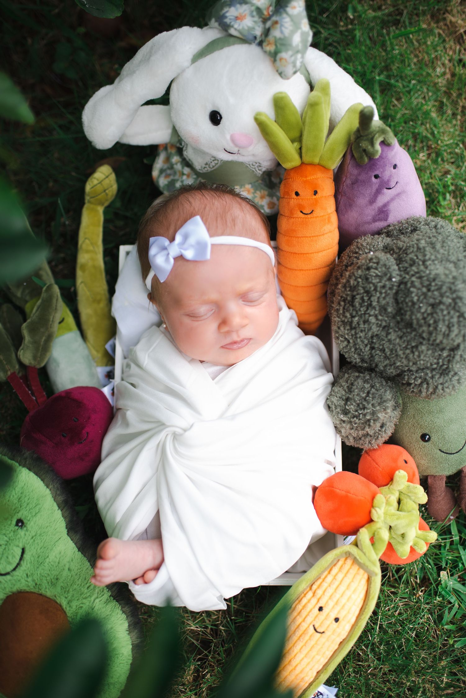 Sleeping baby surrounded by plush vegetable toys including a carrot, corn, and other produce on grass.