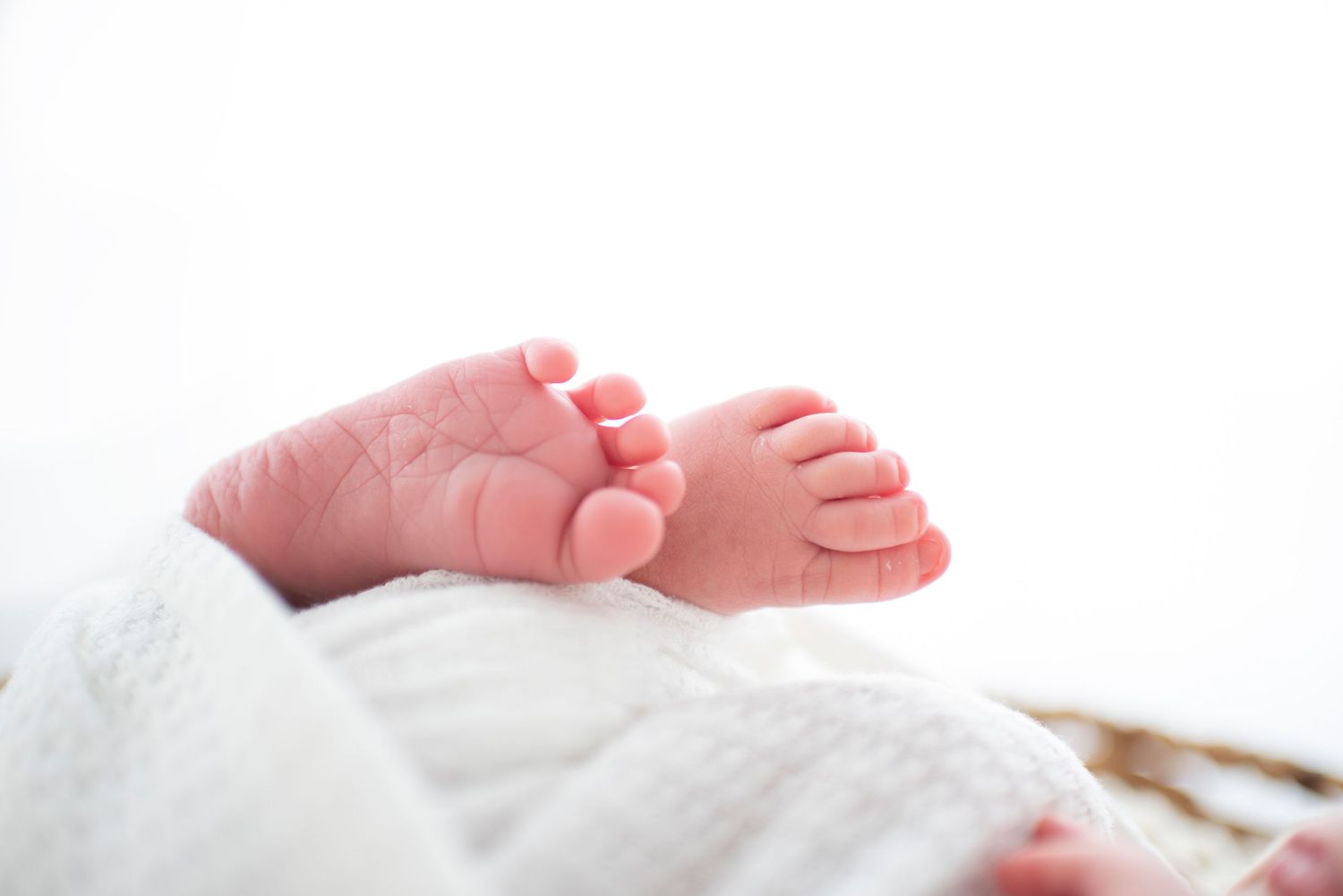 Close-up of tiny newborn baby feet wrapped in soft white blanket.