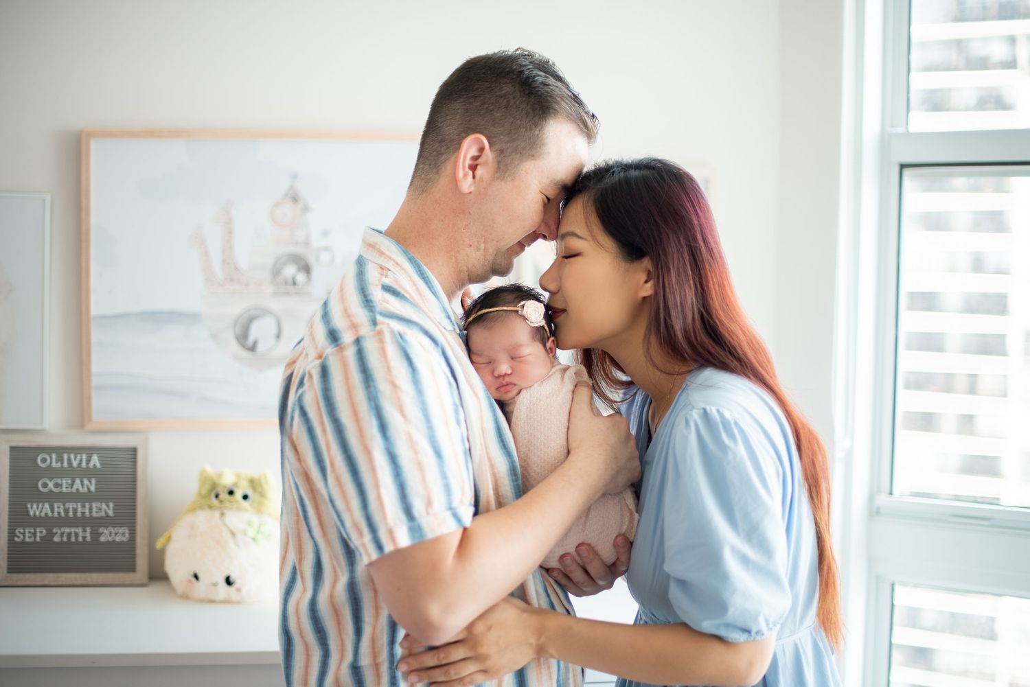 Couple in striped shirt and blue dress share tender moments in romantic photo collage at home.