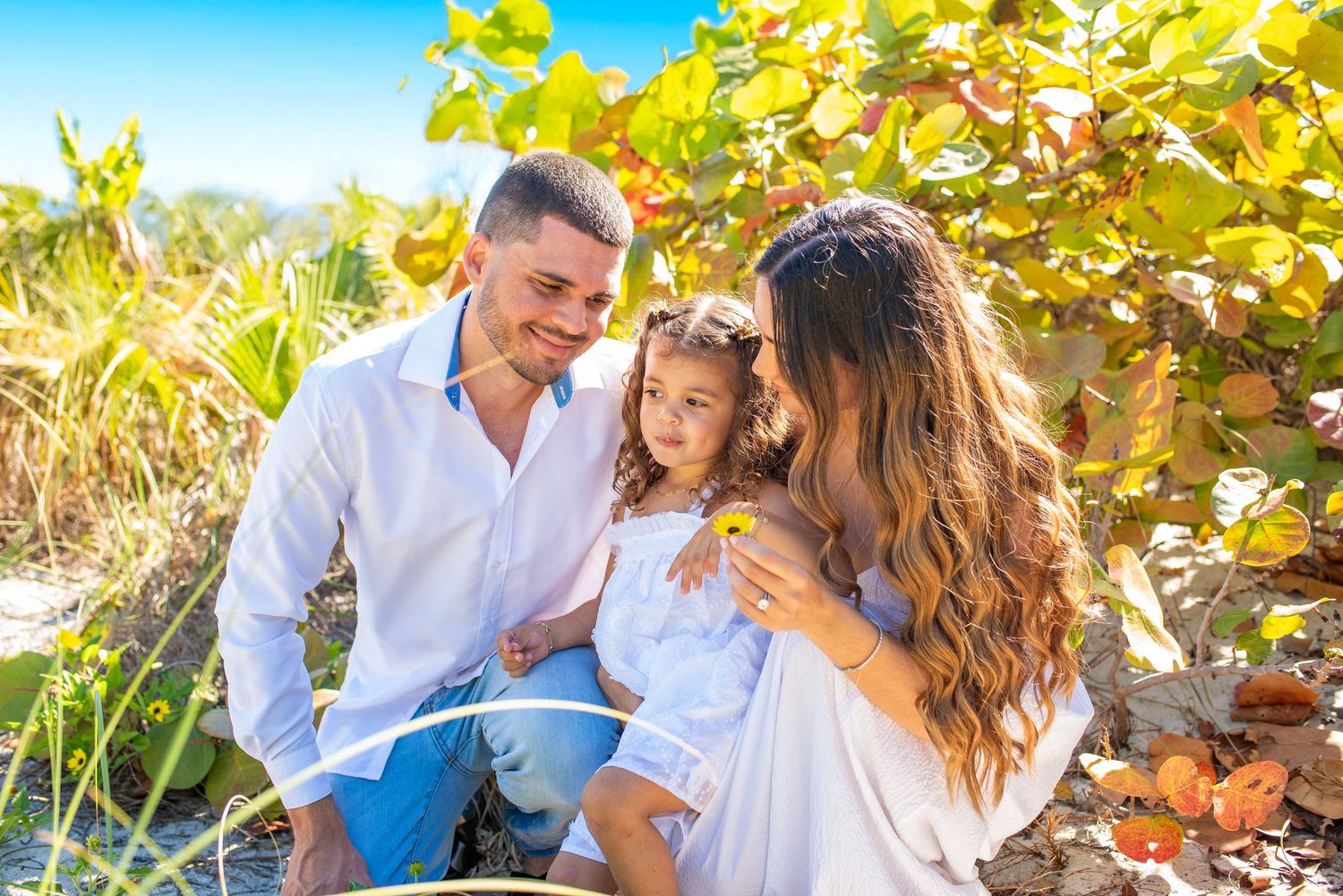 Family enjoying a sunny afternoon reading together outdoors among autumn grape vines.