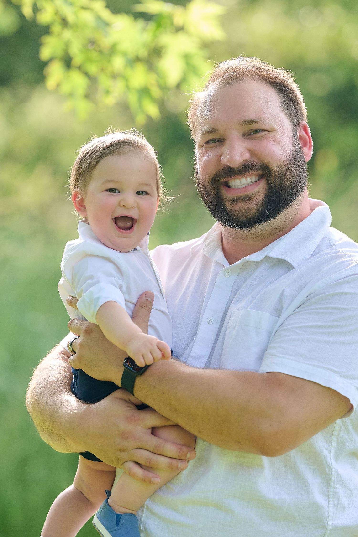 Happy family moments captured in a series of outdoor photos showing joyful expressions and hugs.
