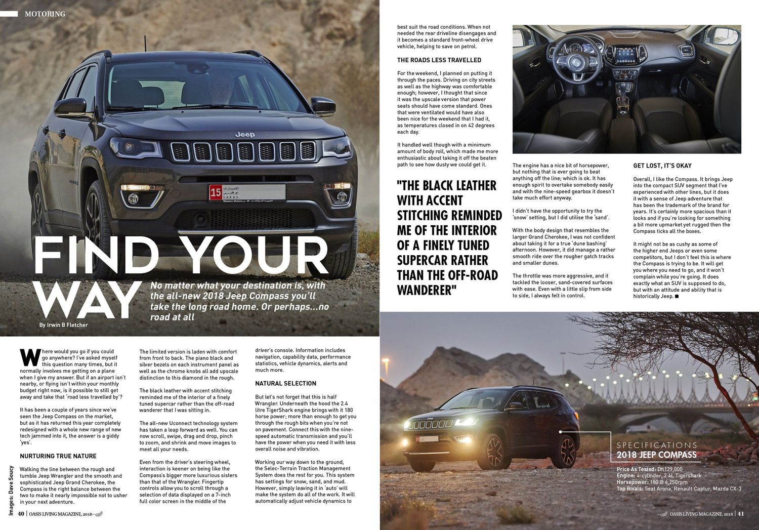 Magazine spread featuring Jeep Compass SUV with off-road driving article.