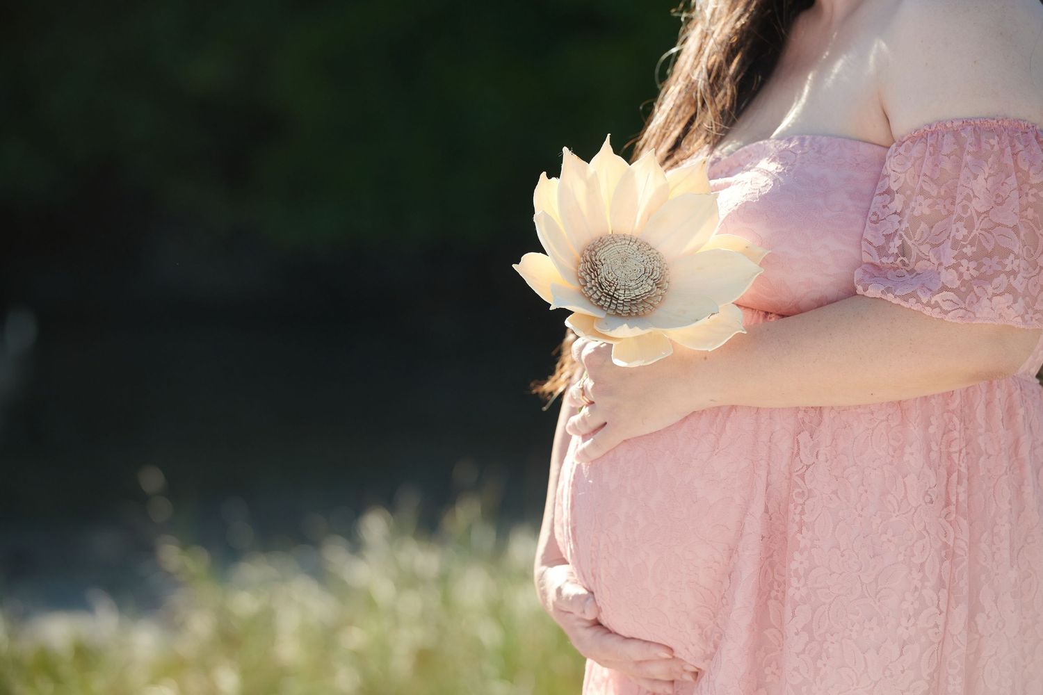 A series of pink-toned maternity photos showing a pregnant woman in a flowing dress against a natural outdoor backdrop.