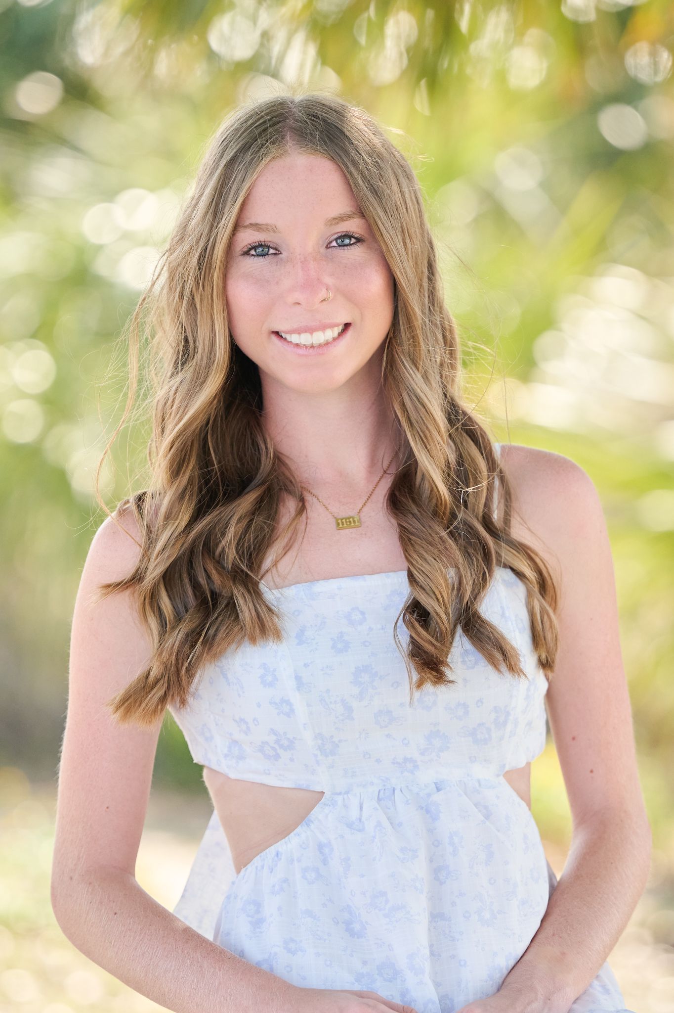 A sequence of bright outdoor photos featuring someone in a white lace dress against a sunlit bokeh background.