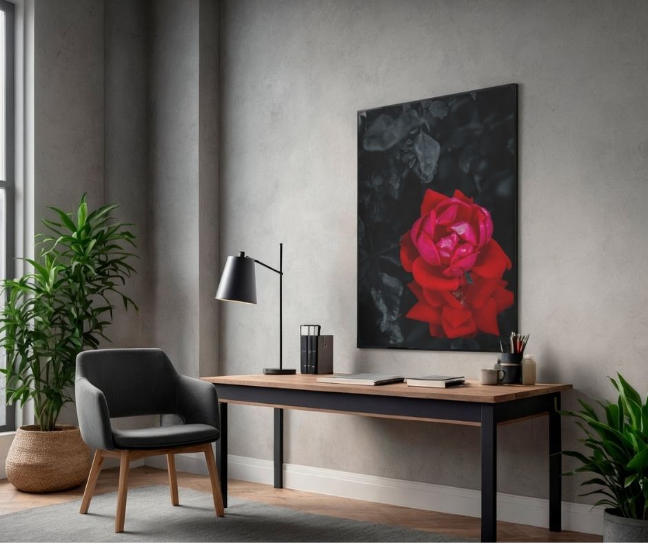 Modern living room interior with dark gray chair, wooden desk, potted plants and red floral artwork on walls.