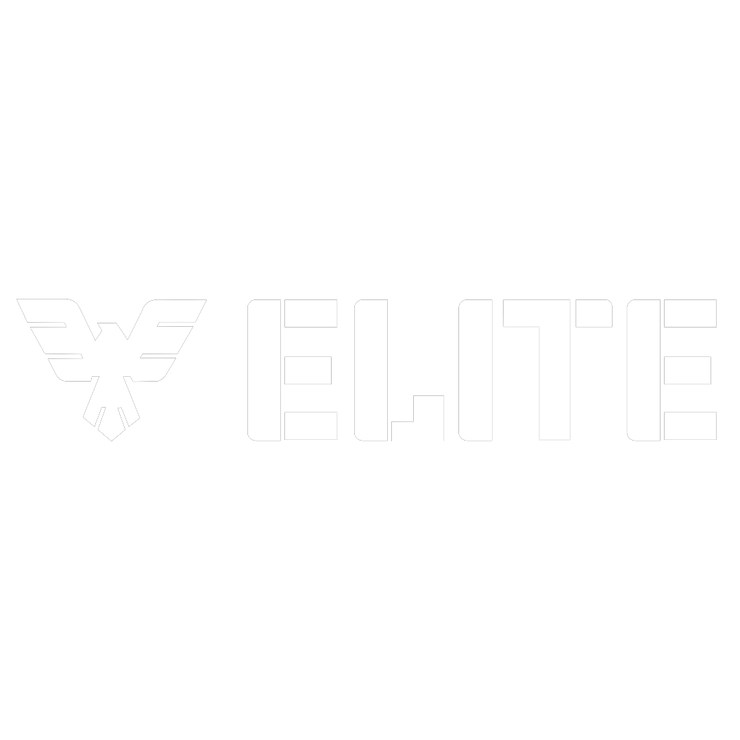 White outline logo of Elite brand featuring a stylized eagle emblem and bold block letters on white background.